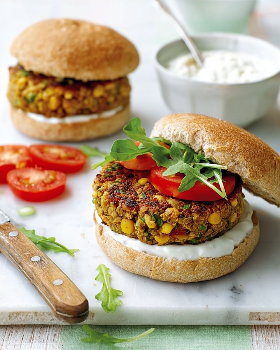 The image shows two open-faced veggie burger sandwiches on a white marbled surface. Each sandwich has a toasted bun bottom with a light brown, crunchy veggie patty resting on a thick, creamy white spread. On the back sandwich, there are two bright red slices of tomato and a few green leafy arugula on top of the patty. A small white bowl with a silver spoon sits behind the sandwiches, filled with the same creamy white sauce. In front of the sandwiches, three fresh, round tomato slices lie flat on the surface, next to a knife with a white handle. photo taken with an iphone --ar 4:5 --v 7