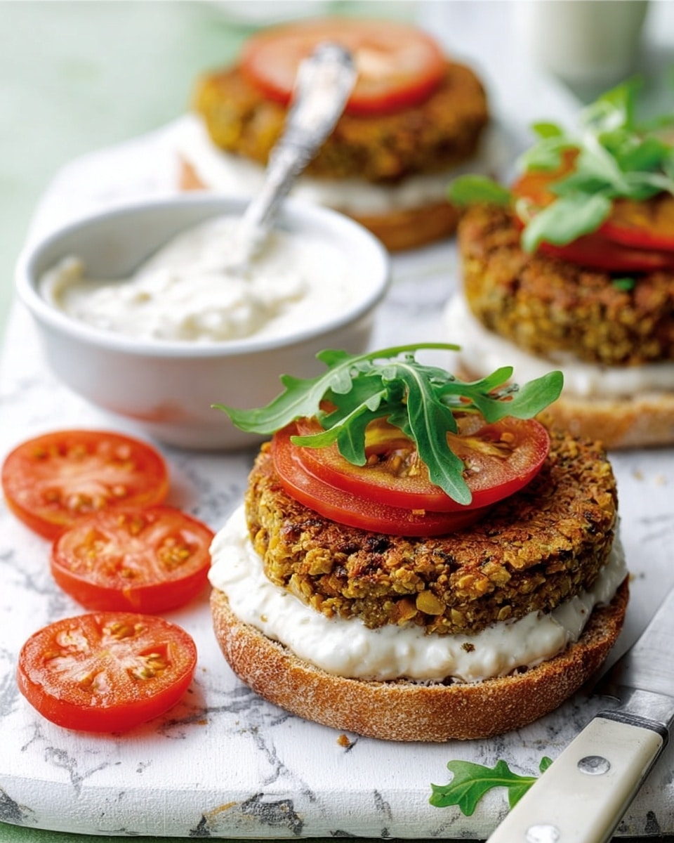 The image shows two veggie burgers on white round toasted buns placed on a white marbled surface. Each burger has a base layer of a thick white cream spread, followed by a large, golden-brown veggie patty with visible corn and green herbs. One burger is topped with bright red tomato slices and fresh green arugula leaves, while the other is plain. Nearby, there is a white bowl filled with white sauce and a spoon inside, alongside a cutting knife and sliced red tomatoes on the marble. The scene is bright and fresh, with soft natural light. Photo taken with an iphone --ar 4:5 --v 7