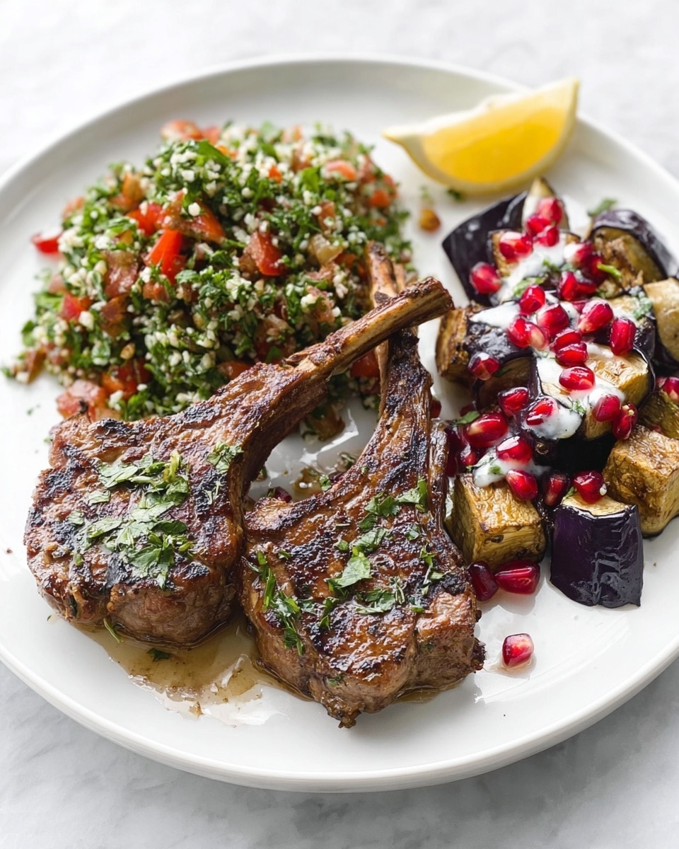 Two grilled lamb chops with a dark brown, slightly shiny surface sit on the left side of a white plate. To the right, a bright green, finely chopped tabbouleh salad with small red tomato pieces adds freshness. In front of the lamb chops, a small pile of cubed, dark purple eggplants topped with white sauce and scattered red pomegranate seeds creates a colorful contrast. A lemon wedge rests at the back. The plate is on a white marbled surface, with a silver fork and a corner of a blue and white cloth visible in the background. photo taken with an iphone --ar 4:5 --v 7