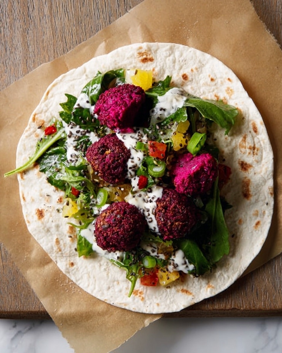 A soft, round flatbread acts as the base layer, light beige in color with a slightly uneven texture. On top is a layer of fresh, dark green leafy vegetables that cover most of the flatbread. Scattered over the greens are several bright purple-red falafel balls with a rough, crumbly texture. Diced pieces of yellow and red vegetables are sprinkled around the falafel, adding small pops of color. White sauce with small black seeds is drizzled over the top, giving a creamy contrast. The wrap is placed on a piece of brown parchment paper, which rests on a white marbled surface. Photo taken with an iphone --ar 4:5 --v 7