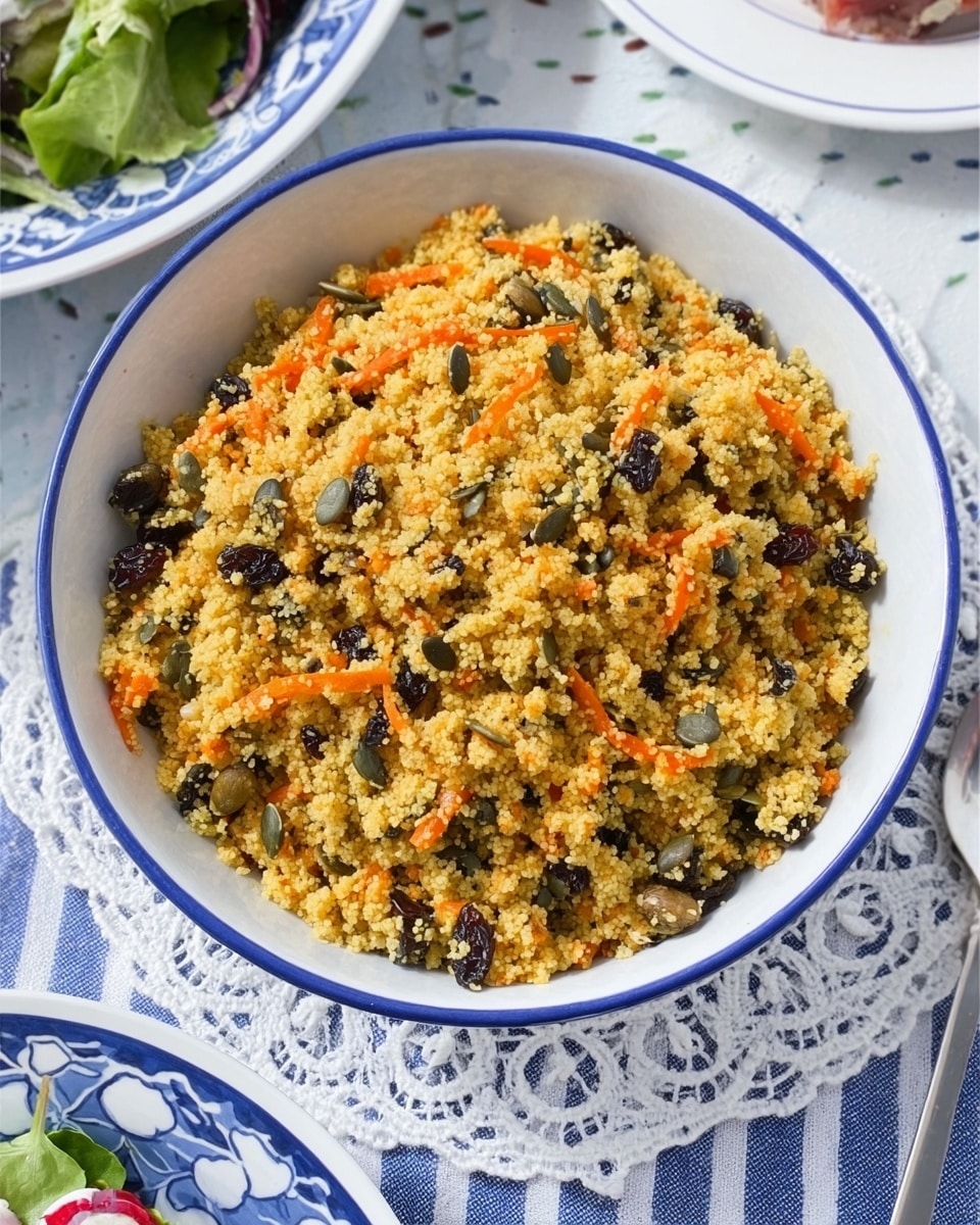 A white bowl with a blue rim is filled with a salad made of fluffy yellow couscous mixed with light orange shredded carrots, dark green pumpkin seeds, and small brown pieces that look like raisins. The bowl is placed on a white marbled surface with a lace paper doily and a blue and white striped cloth visible beneath it. The textures of the couscous and carrots are soft with small crunchy seeds scattered evenly. Photo taken with an iphone --ar 4:5 --v 7