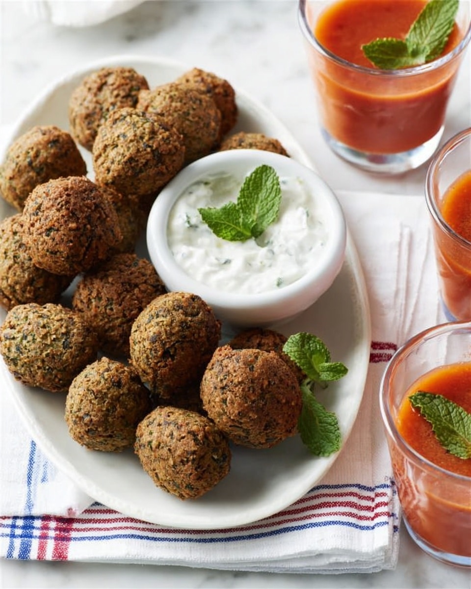 The image shows a white oval plate filled with small, round falafel balls that have a textured, crispy brown surface with visible herbs. On one end of the plate, there is a tall white cup filled with a creamy white sauce topped with a green mint leaf. Around the plate, there are three short clear glasses containing a thick orange sauce, each glass having a smooth surface with one showing a garnish of a small green leaf on top of the sauce. The plate and drinks sit on a white marbled surface. photo taken with an iphone --ar 4:5 --v 7