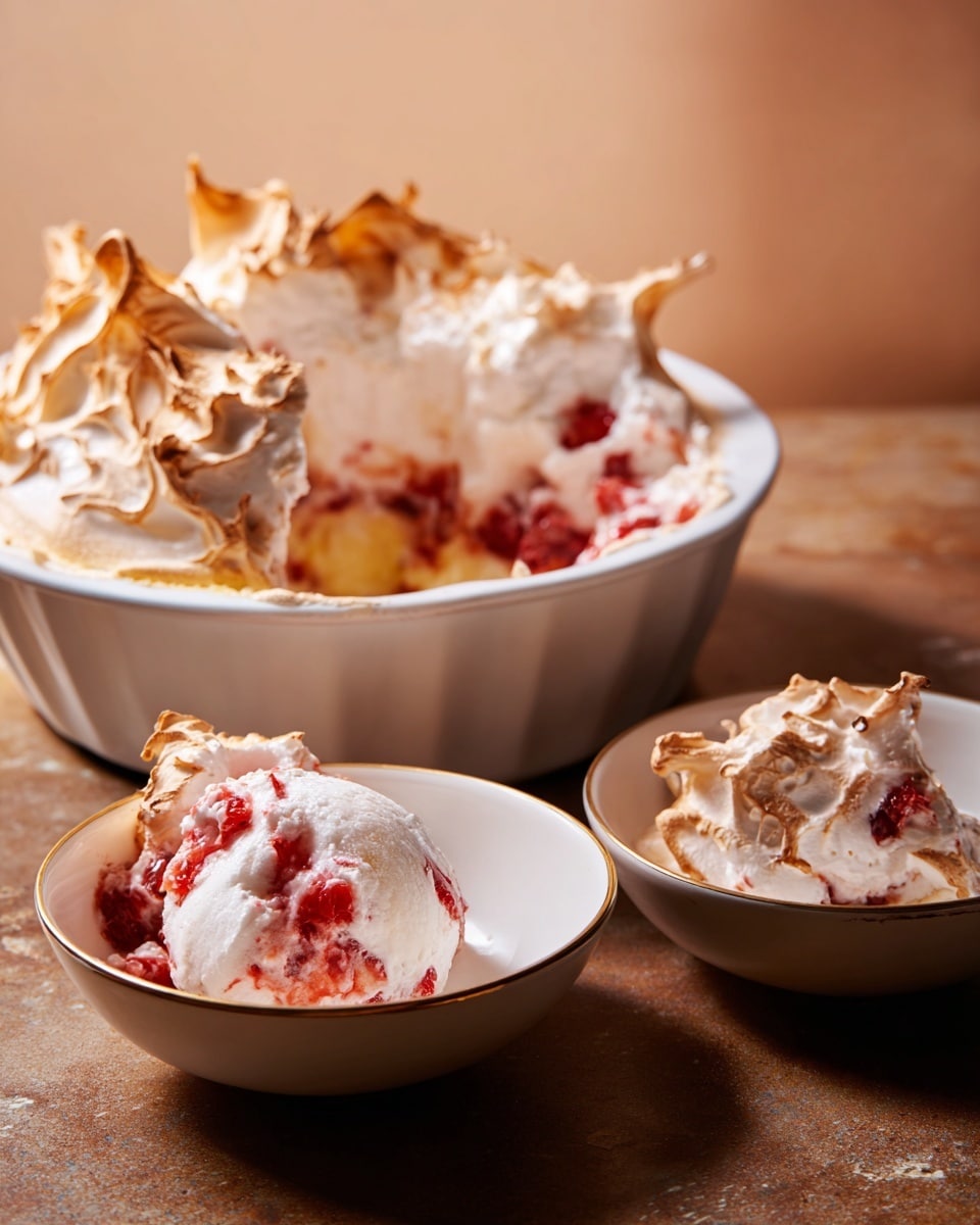 A white round baking dish holds a layered dessert with a thick, golden-tipped toasted meringue on top, which has a fluffy and slightly crisp texture with peaks and swirls. Underneath the meringue, a creamy yellow custard layer mixed with a bright red berry filling is visible on the side where a portion has been scooped out. Two small white glass bowls in the foreground contain servings of the dessert, showing the fluffy white meringue, red berry sauce, and yellow custard layers. The whole scene is set on a white marbled surface with a soft warm background. Photo taken with an iphone --ar 4:5 --v 7