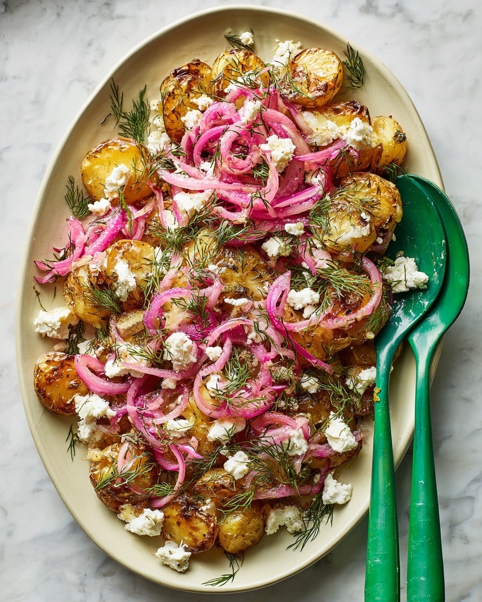 The image shows a dish of smashed roasted baby potatoes as the first layer, golden brown and crispy on the edges, covering most of a white oval plate. On top of the potatoes, there are thin slices of bright pink pickled onions scattered evenly, adding a pop of color. White crumbled feta cheese is sprinkled generously over the onions and potatoes, contrasting sharply with the other colors. Small sprigs of fresh green dill are placed around the plate, providing a fresh look. Two turquoise serving utensils rest on the right side of the plate. The plate is placed on a surface with a white marbled texture. photo taken with an iphone --ar 4:5 --v 7