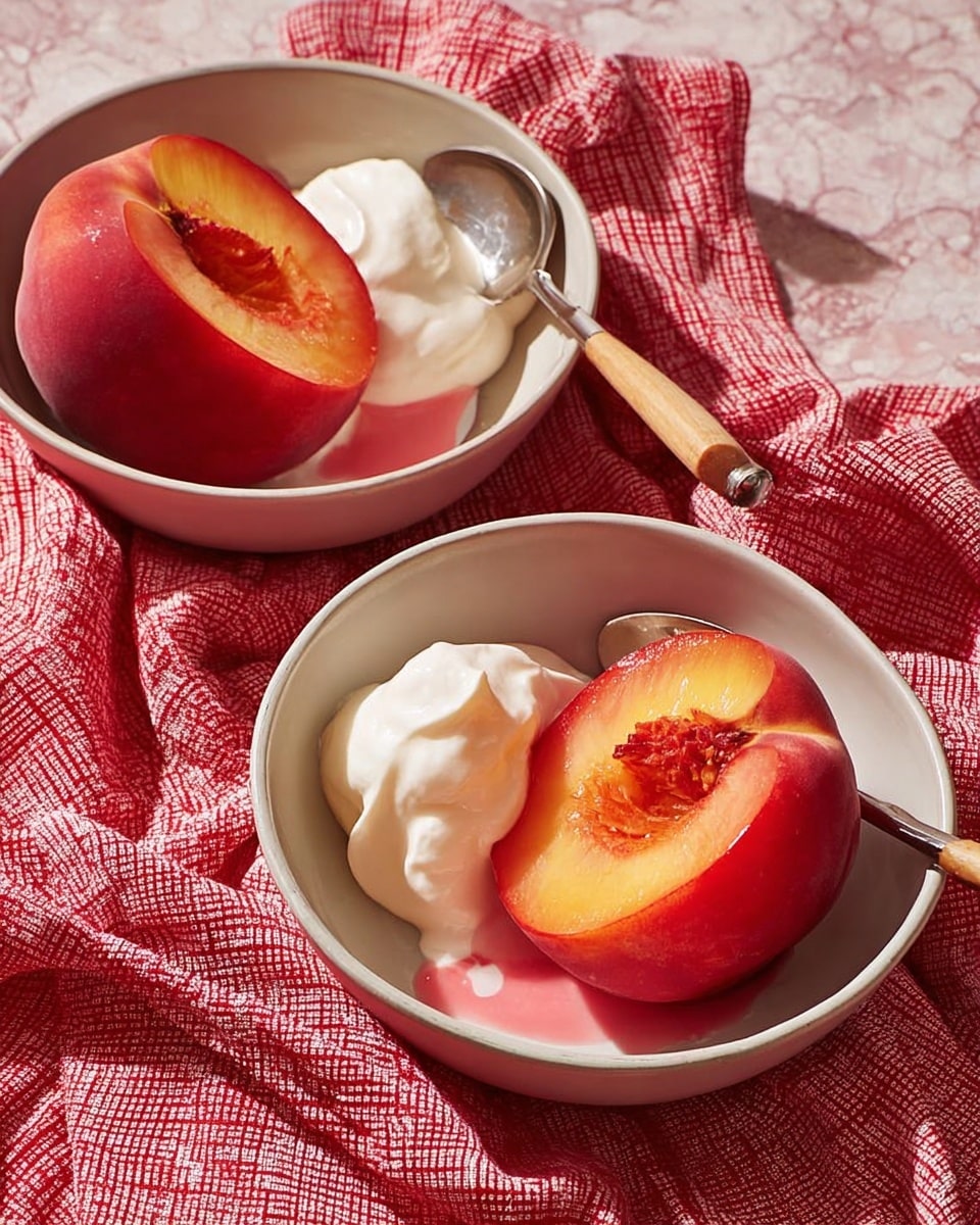 Two white bowls sit on a white marbled textured surface covered with a red cloth and a red-and-white checkered napkin. Each bowl contains two halves of a pinkish-red peach with a smooth and shiny skin, showing the light yellow flesh and an orange-red seed cavity in one half. Next to the peach halves is a dollop of white whipped cream with a smooth and soft texture, slightly melting and mixing with pink juice from the fruit. One bowl has a spoon with a wooden handle resting inside, catching light on its polished metal surface. Photo taken with an iphone --ar 4:5 --v 7