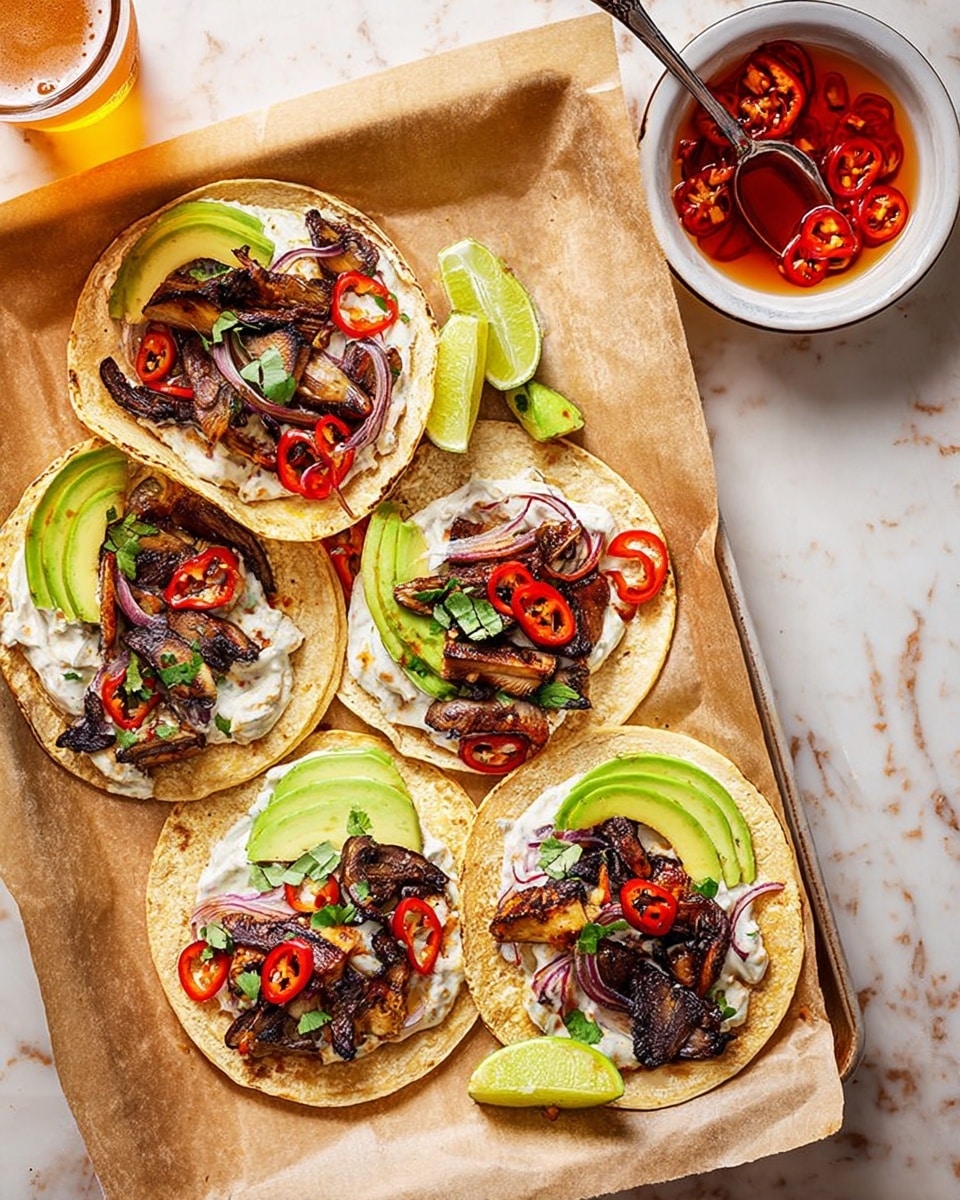 The image shows six soft corn tortillas arranged on a white rectangular tray with parchment paper. Each tortilla is layered with a base of white creamy sauce, topped with dark grilled mushrooms and strips of cooked red onion. Bright red chili slices are scattered on top of the mushrooms along with green avocado slices positioned near the center or side of each tortilla. Small lime wedges are scattered around the tray along with some extra chili slices. A white bowl with a spoon holding extra chili slices in liquid is placed near the top right corner of the tray, and a glass of light orange beer is partially visible in the bottom left corner. All elements rest on a white marbled surface. Photo taken with an iphone --ar 4:5 --v 7