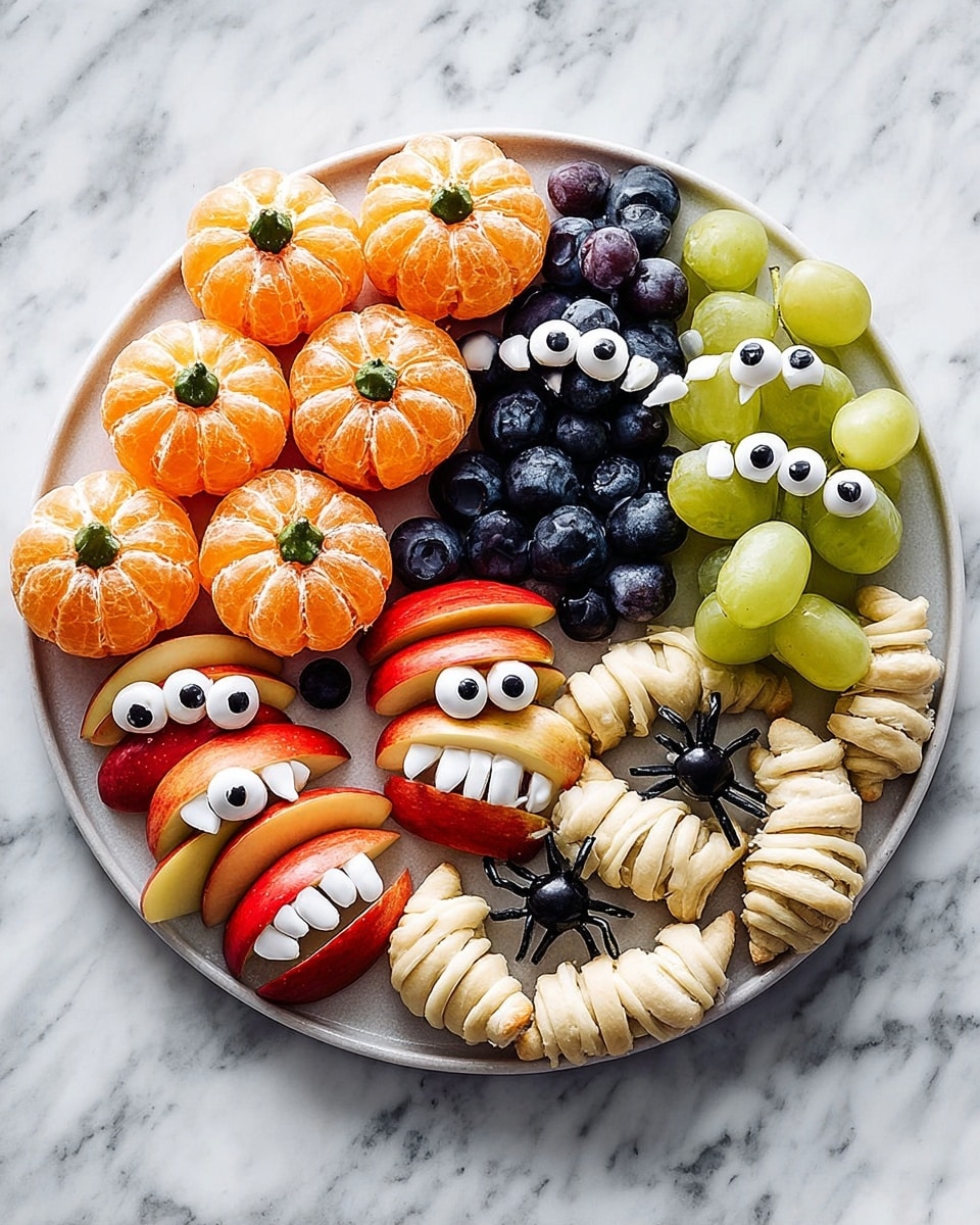 A round white plate holds a colorful Halloween-themed fruit and snack arrangement on a white marbled surface. On the top left, there are peeled small oranges arranged like small pumpkins, each having a green stem. Below and around the oranges are dark blueberries forming a background. In the bottom left center, apple slices with white almond “teeth” are placed to look like mouths with bright red lips. In the middle left, peeled lychee fruits topped with blueberries and candy eyes form eyeballs. On the right side, green and black grapes skewered together each have little round candy eyes, resembling bugs or monsters. At the bottom right, crescent-shaped snacks look like mummies wrapped in dough with candy eyes placed on top. The whole image is bright and playful with a festive vibe, photo taken with an iphone --ar 4:5 --v 7