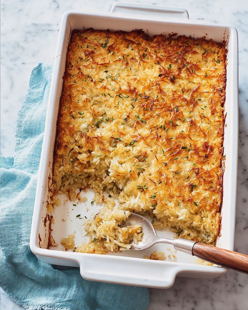 The image shows a white rectangular baking dish filled with a golden-brown rice casserole that has been partially eaten from the top left corner. The casserole has a crispy and browned surface mixed with small green herb bits and shredded textures throughout. The interior layers visible where the portion is missing show moist, lightly cooked rice with softer textures under the top crust. The baking dish is placed on a white marbled surface with a light blue cloth partially draped under the dish’s handle and a metal spoon with a wooden handle resting on the right side, containing a small amount of casserole. Photo taken with an iphone --ar 4:5 --v 7