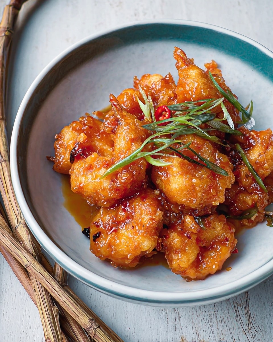 A white bowl holds a serving of golden-brown crispy fried shrimp coated with a shiny, sticky orange sauce. The shrimp pieces are piled in the center, each with a crunchy texture and some reddish bits of sauce visible. Thin slices of bright green scallions are sprinkled on top, adding a fresh contrast. The bowl sits on a larger white plate with a subtle pattern, placed against a white marbled surface, with some wooden skewers lying beside the plate. Photo taken with an iphone --ar 4:5 --v 7