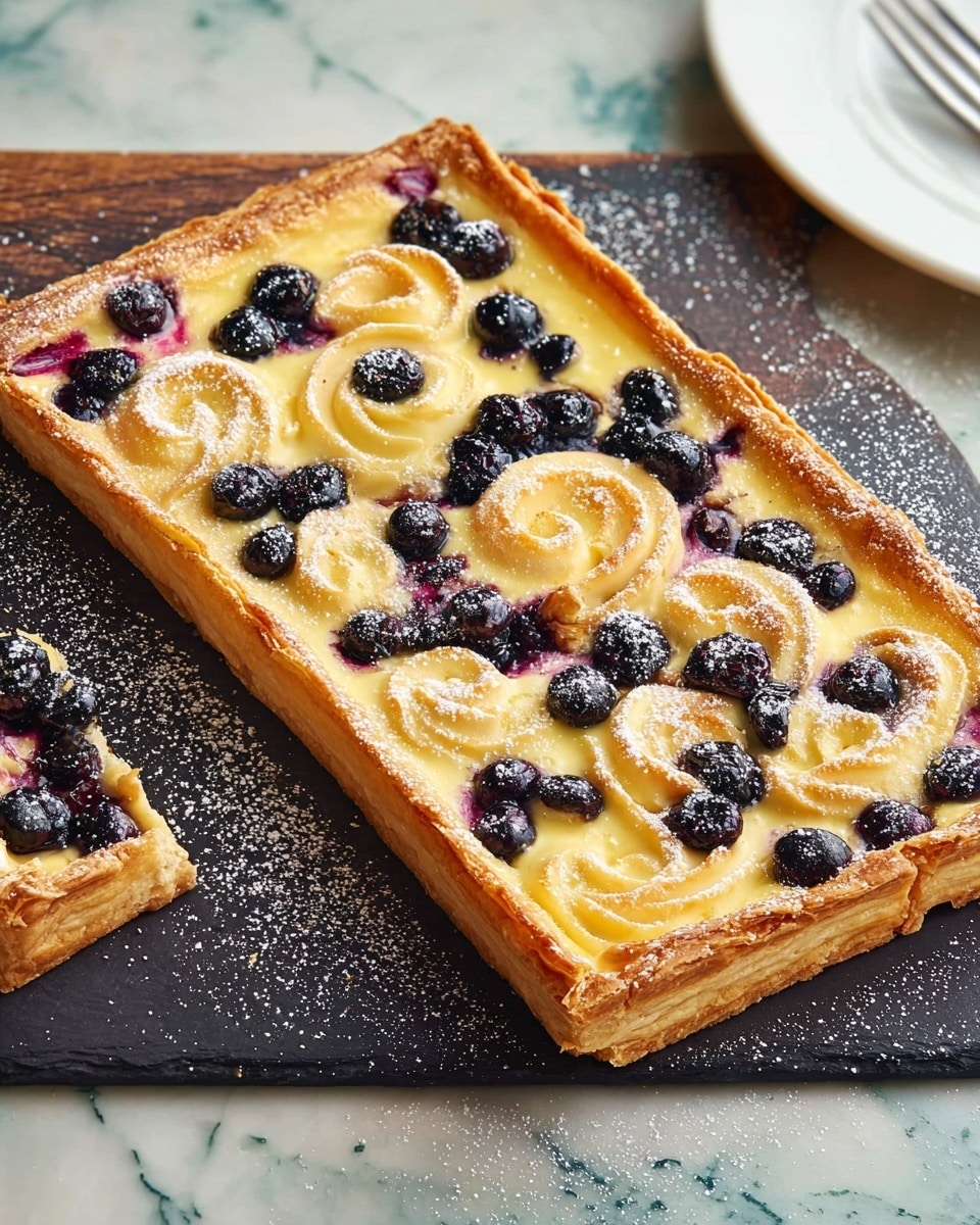 A rectangular fruit tart is placed on a dark board, with two square pieces cut out on the left side. The tart has a golden, flaky crust that forms a thick border around the creamy, pale yellow filling. Swirls of caramelized topping and scattered dark blue or black berries are spread evenly across the surface. The tart's edges look crisp and slightly puffed, while the filling appears smooth and glossy with a light dusting of powdered sugar. The board rests on a white marbled surface, and part of a white plate is visible at the top right corner. Photo taken with an iphone --ar 4:5 --v 7