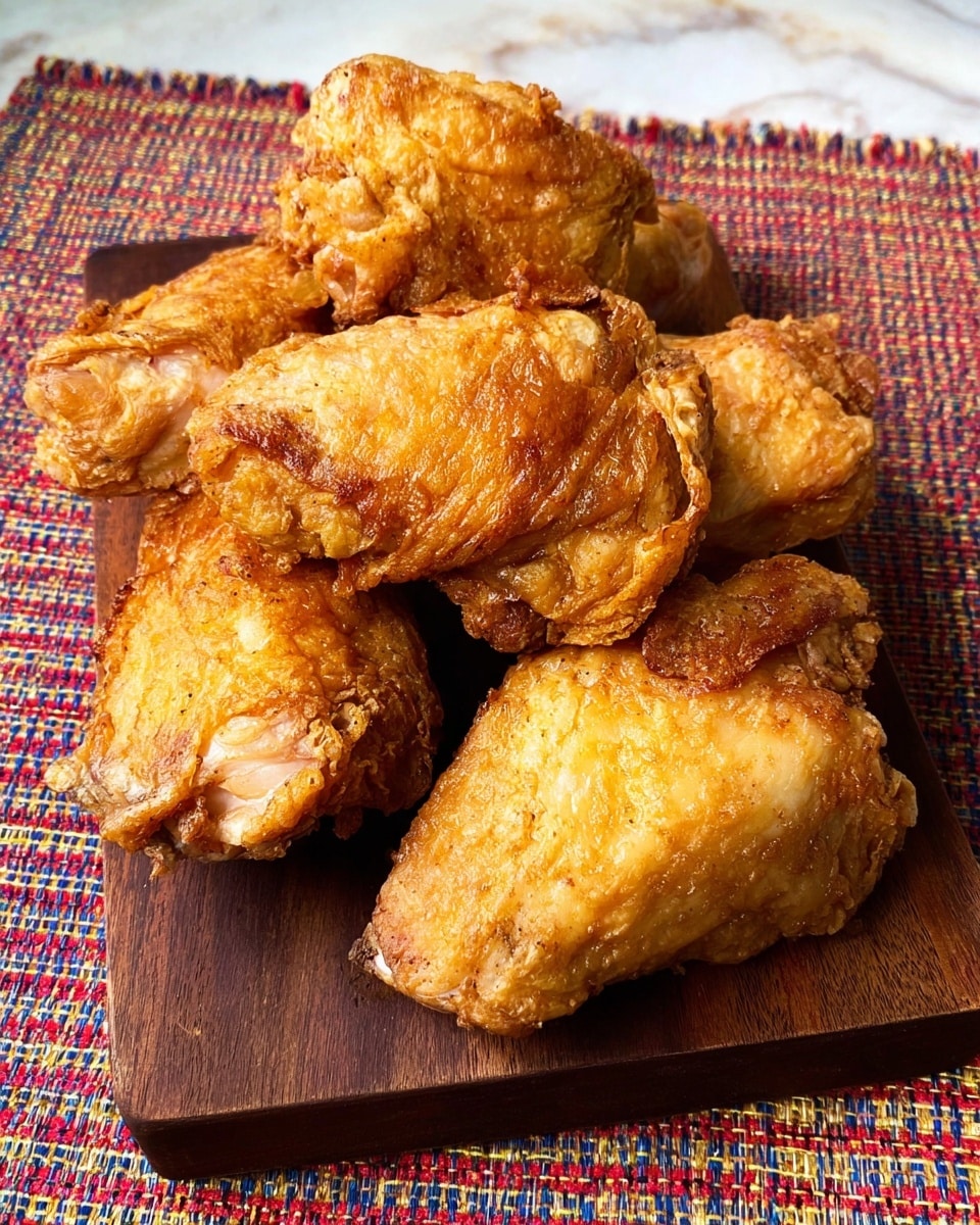Six pieces of golden-brown fried chicken with crispy skin are arranged on a dark wooden cutting board. The chicken pieces have a slightly oily, textured surface showing their crunchiness, with parts of light and darker golden hues. The cutting board rests on a colorful woven fabric, but the background is a white marbled texture. photo taken with an iphone --ar 4:5 --v 7