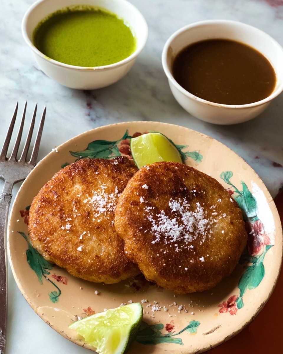 The image shows a white plate with two thick, round, golden-brown patties with a crispy texture, sprinkled with coarse salt on top. A bright green lime wedge sits next to the patties on the plate’s right side. Above the plate, two small white bowls hold sauces: one with a smooth bright green sauce and the other with a brown sauce that has a slightly glossy finish. A silver fork rests on the left edge of the plate. The background is a white marbled texture. photo taken with an iphone --ar 4:5 --v 7