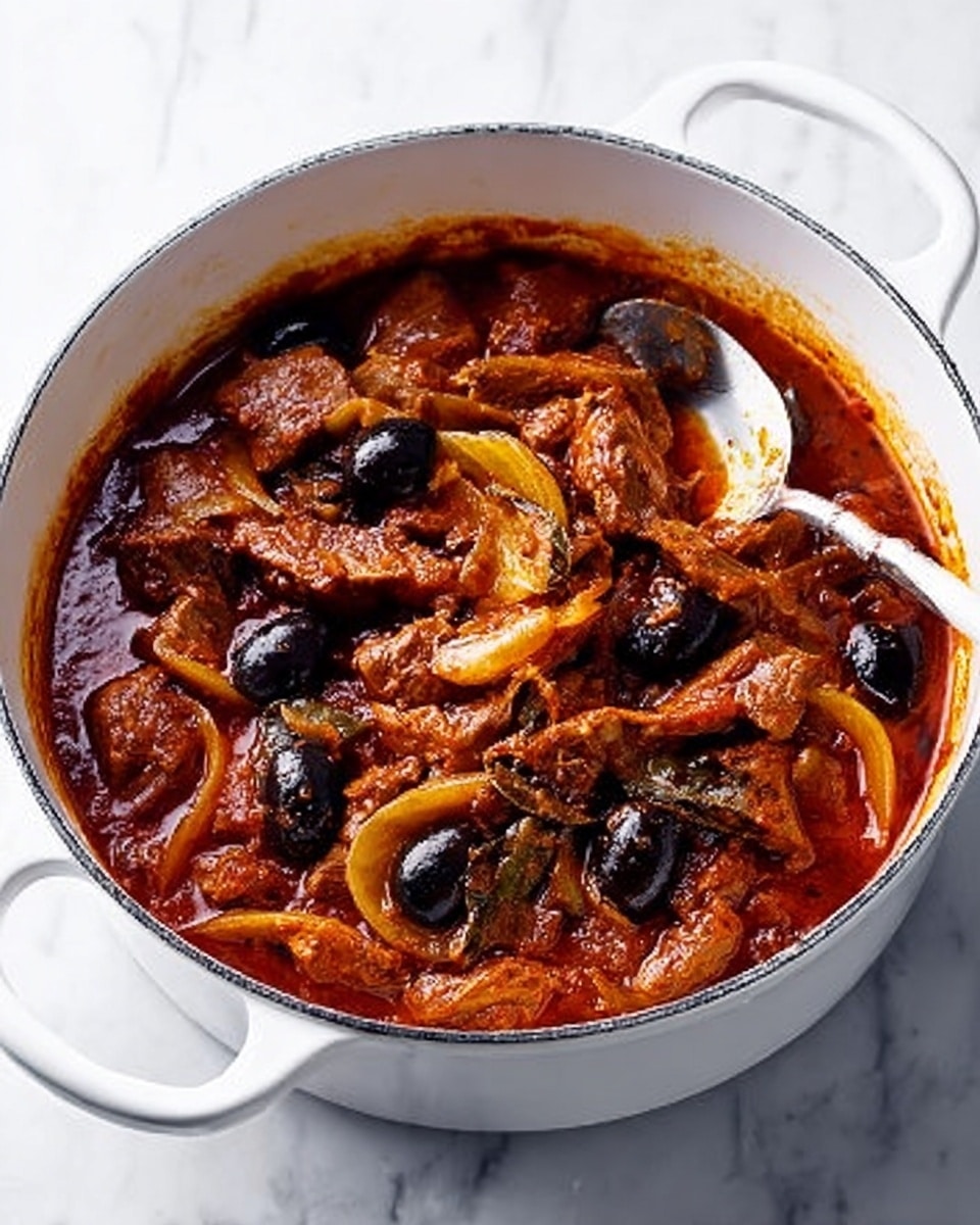 A white pot filled with a rich stew that has about three visible layers: the base layer is a thick red-brown sauce, the middle layer has tender brown pieces of meat mixed with soft cooked yellow peppers and slices of cooked onion, and the top layer includes whole black olives and some herbs. A metal spoon rests inside the pot, with its handle sticking out to the right. The pot is placed on a white marbled surface. photo taken with an iphone --ar 4:5 --v 7