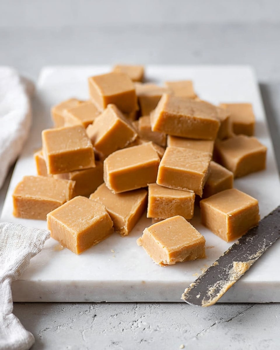 The image shows many square pieces of soft caramel fudge stacked and spread out on a white cutting board with a smooth, matte texture. The fudge has a light brown color with a slightly grainy texture on its clean-cut surfaces. The pieces are neatly cut into uniform shapes and layered slightly over each other in the center. On the right side of the cutting board lies a thin, old metal knife with a dark handle. A white cloth is seen partially on the left side of the board, all placed on a white marbled surface. photo taken with an iphone --ar 4:5 --v 7