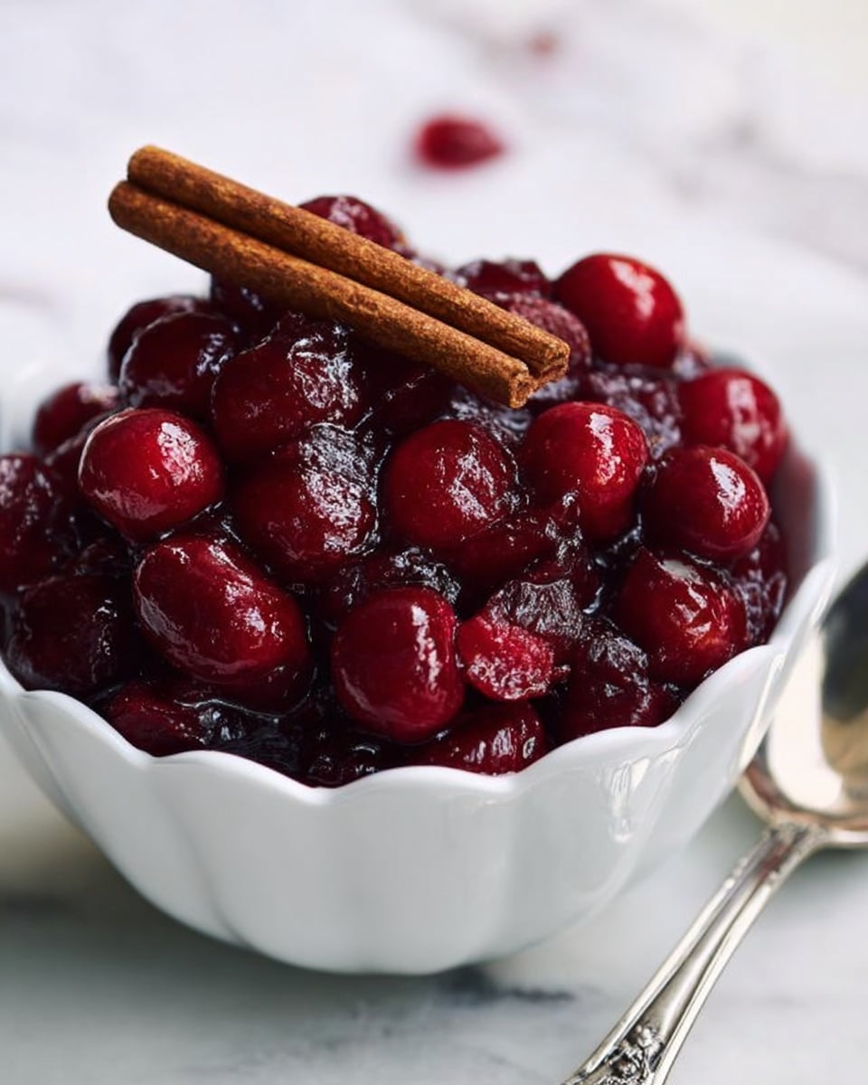 A white scalloped bowl filled with a glossy, deep red cranberry sauce made of whole cranberries. On top sits a single cinnamon stick, deep brown with a slightly rough texture. The bowl is set against a white marbled surface, with a silver spoon partially visible on the right side. The cranberries look plump and shiny, showing a rich, thick syrup coating each berry. Photo taken with an iphone --ar 4:5 --v 7