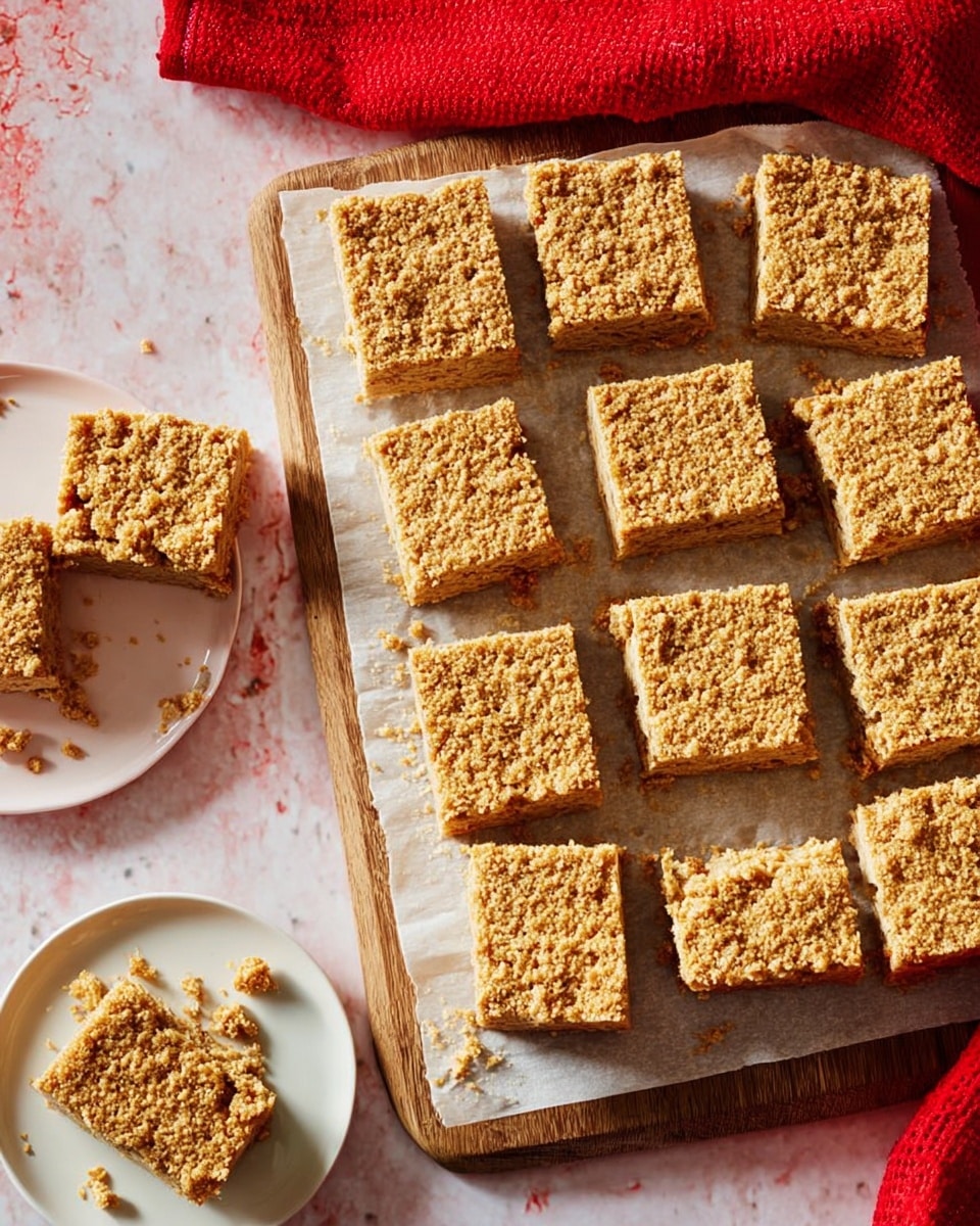 The image shows twelve square oat bars with a rough, crumbly texture, arranged in three rows on a piece of white parchment paper, placed on a red cutting board. One bar is missing a small bite on the top left corner. To the left, there is a small white bowl holding a single oat bar with a few crumbs inside. A red cloth is partially visible on the top right corner. The background is a white marbled texture. photo taken with an iphone --ar 4:5 --v 7