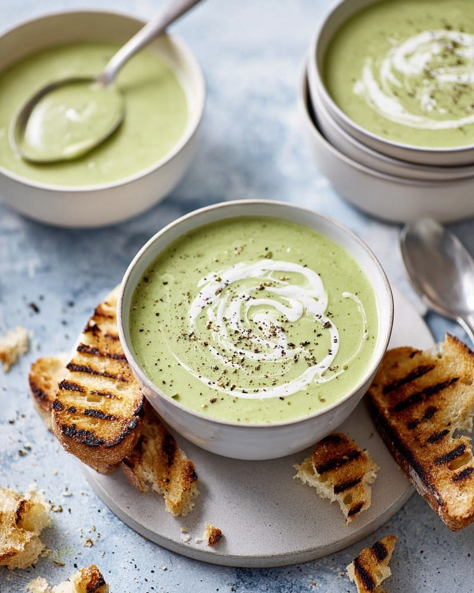 The image shows a bowl of creamy green soup with a swirl of white cream on top and some black pepper sprinkled over it. The soup is served in a white bowl placed on a round light grey coaster. Next to the bowl, there are two pieces of toasted bread with visible grill marks, one larger and one smaller piece, both golden brown. In the background, there is another bowl of the same soup with cream and a spoon inside, sitting on a white marbled textured surface. A silver spoon lies to the right of the front bowl. photo taken with an iphone --ar 4:5 --v 7