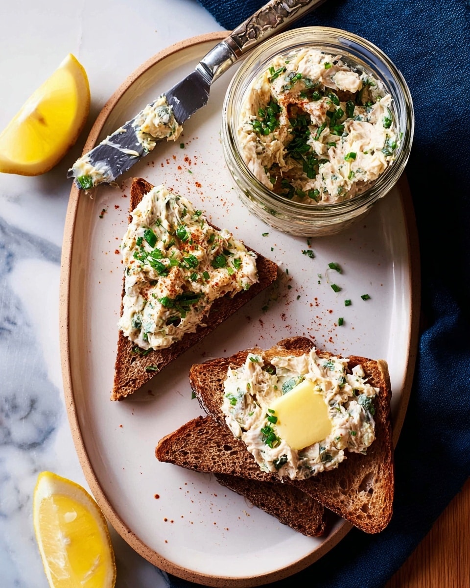 The image shows a light wooden board placed on a white marbled texture with two toasted bread triangles on the right, one topped with a small pat of melting butter, and the other slightly overlapping it. On the left side, a small white oval plate holds two smaller toasted bread triangles spread thickly with a creamy, white mixture that has visible green herbs sprinkled on top and a light dusting of reddish spice. At the bottom right, an open glass jar filled with the same creamy mixture garnished with green herbs is visible. A knife with some spread on its blade lies on the left side of the board. In the top left corner, a lemon wedge is partly seen. photo taken with an iphone --ar 4:5 --v 7