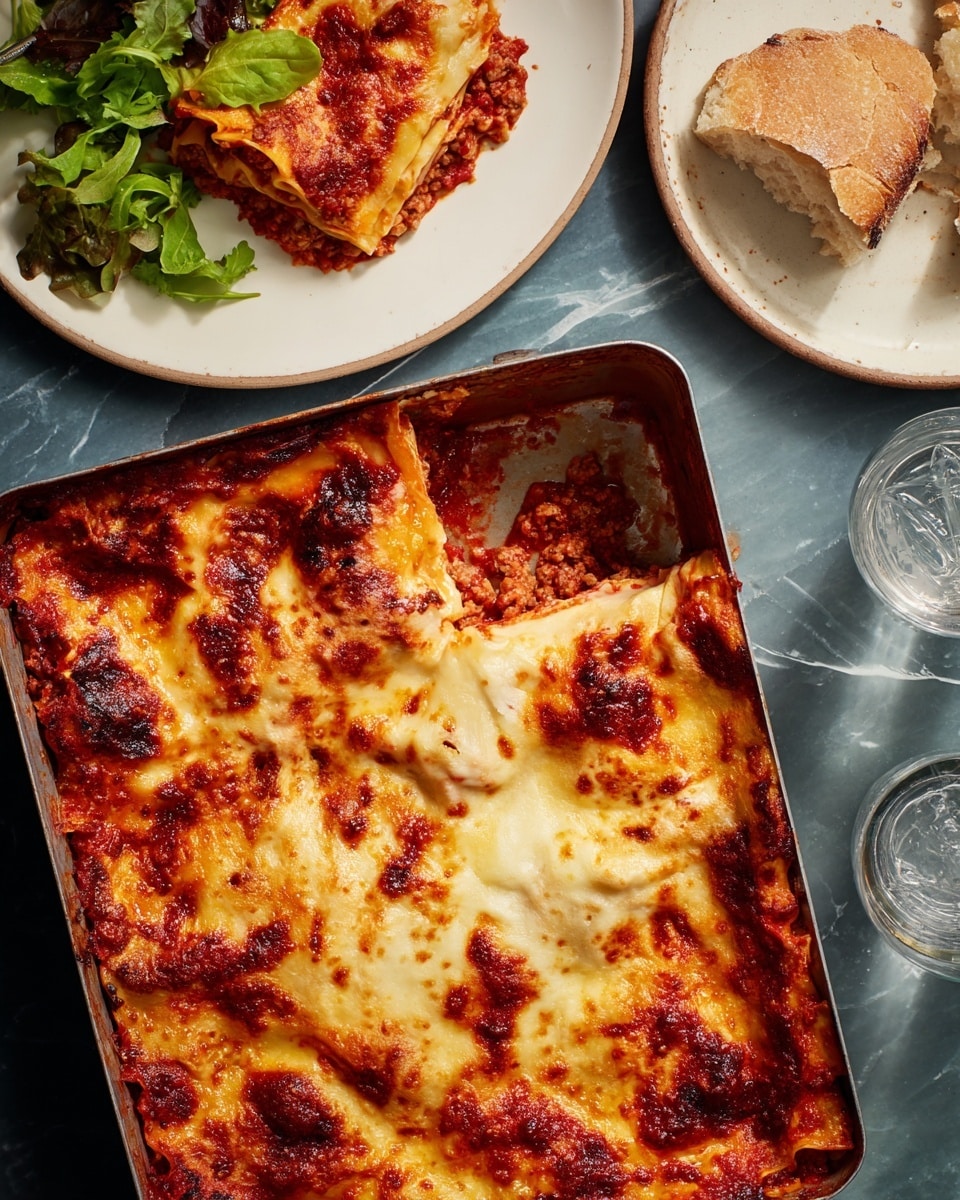This image shows a tray of lasagna with four distinct layers: the bottom layer is a rich, dark red meat sauce with visible ground meat; above it is a pale creamy white cheese sauce; then a golden melted cheese layer with browned spots and some crispy edges on top; and flat yellow pasta sheets separate each layer, visible on the edges. A piece is cut out on the right side, revealing the layers clearly. At the top left, a slice of lasagna is served on a white plate with some fresh green salad leaves, and next to it, a clear glass of water with ice cubes is placed on a white marbled surface. photo taken with an iphone --ar 4:5 --v 7