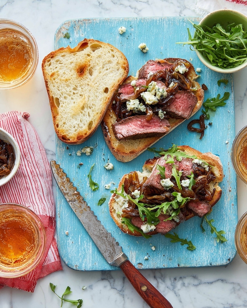 Two open-faced sandwiches are placed on a light blue wooden board. Each sandwich has a base layer of toasted sourdough bread, golden and crisp with holes, some with olive oil shine. On top of the bread are slices of medium-rare steak, pink in the middle with a charred edge. Caramelized onions, dark brown and glossy, are spread over the steak. Small green arugula leaves scatter on top, adding freshness, along with bits of crumbled blue cheese that are pale with blue veins. To the side of the sandwiches, there is an extra slice of toasted bread and a white bowl with more caramelized onions. A serrated knife with a wooden handle lies diagonally against the blue board. The scene is set on a white marbled surface with a red and white striped cloth. A glass of amber beer and a pool of small arugula leaves are visible nearby. Photo taken with an iphone --ar 4:5 --v 7