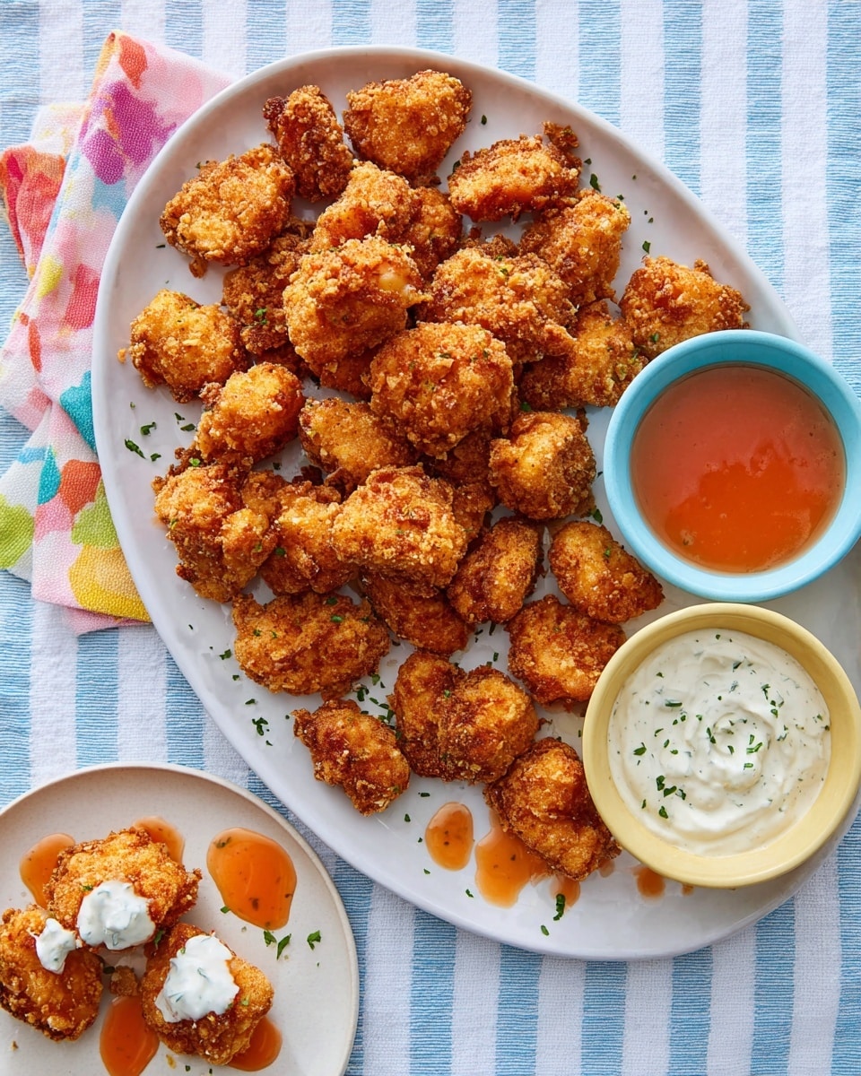The image shows a large white oval plate filled with about thirty golden brown crispy fried chicken bites, some drizzled lightly with orange hot sauce. There are two small white bowls on the plate, one at the top filled with bright red-orange hot sauce and the other at the bottom holding creamy white ranch dressing with herbs mixed in. Next to the large plate is a smaller white round plate holding five more fried chicken bites, one dipped halfway in ranch and another with a small drop of hot sauce. The setup sits on a white marbled surface covered with a striped white and blue cloth, with three colorful napkins folded beside the large plate. Photo taken with an iphone --ar 4:5 --v 7