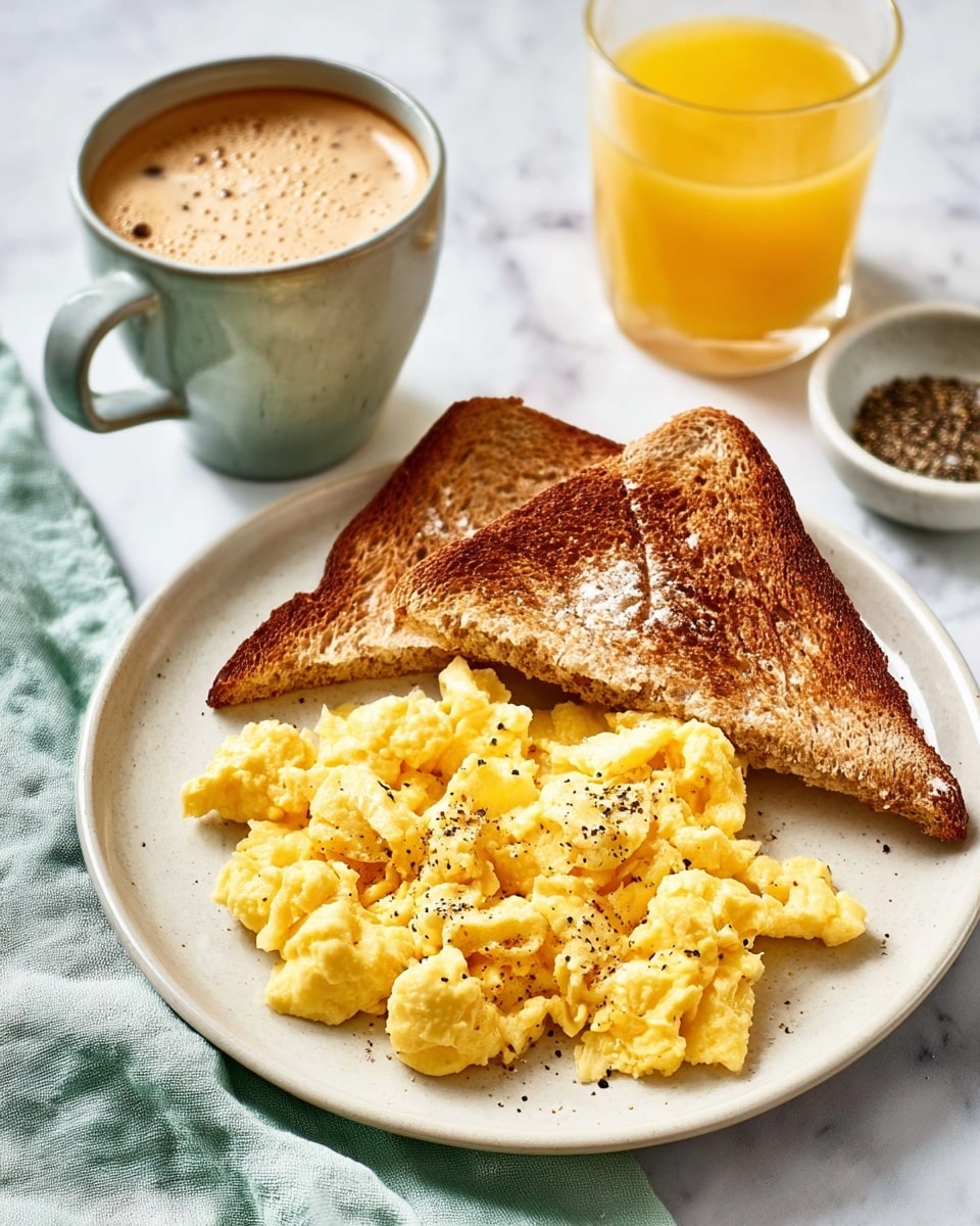 A white plate sits on a white marbled surface, holding two golden brown toasted bread slices placed in a slightly overlapping manner on the left side. On the right side of the toast is a generous layer of bright yellow scrambled eggs with a soft, slightly creamy texture, sprinkled with black pepper on top. Next to the plate is a light gray ceramic mug filled with light brown coffee that has swirled foam on its surface, and behind it is a clear glass filled with vibrant orange juice. A small bowl with black pepper and salt sits in the top right corner, and a light gray cloth is partially visible under the plate. photo taken with an iphone --ar 4:5 --v 7
