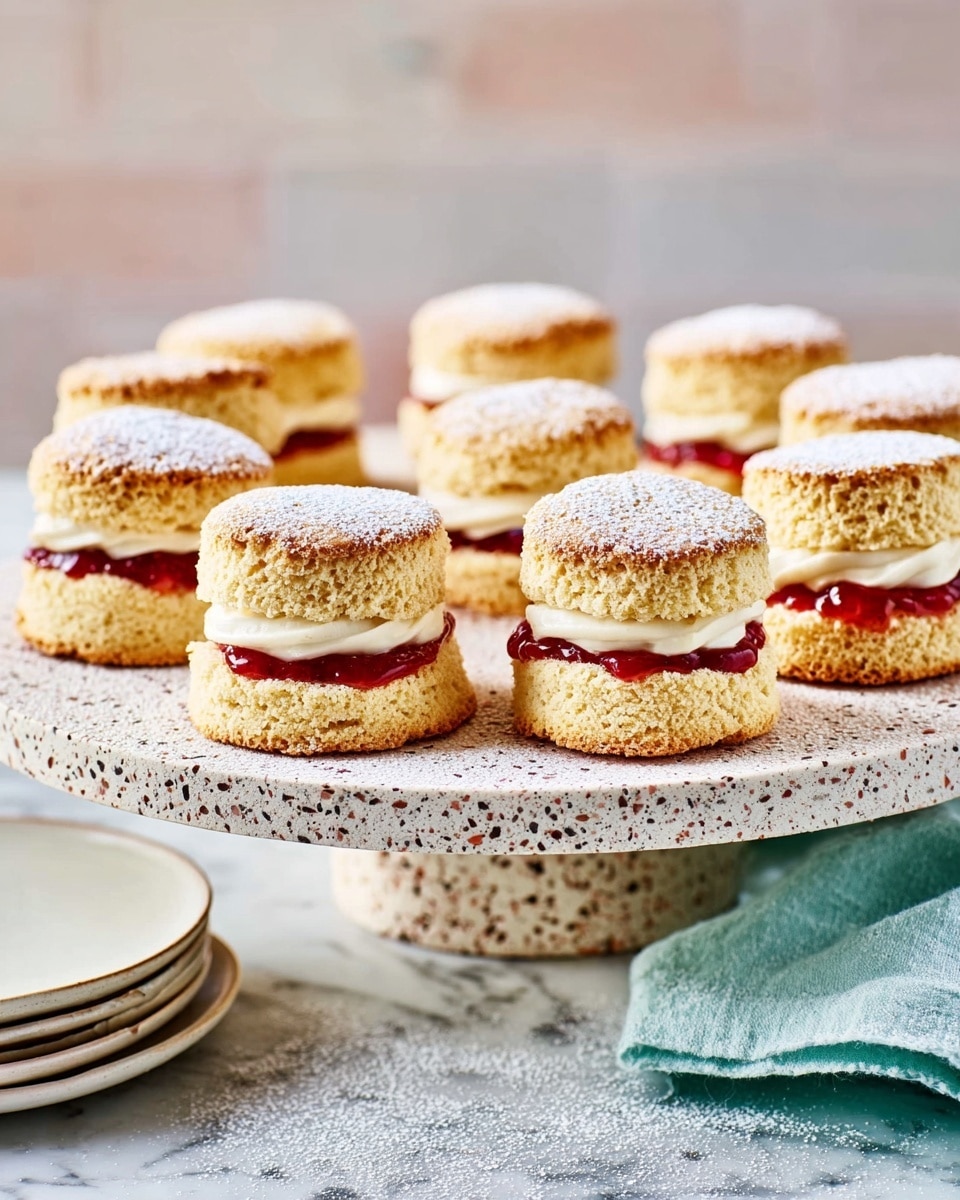 The image shows a round terrazzo cake stand holding eleven small scone-style cakes, each made of two golden brown layers of soft, crumbly cake. Between the two layers, there is a bright red jam layer topped with a smooth, white cream layer. The top cake layer is dusted with a light sprinkling of powdered sugar, giving a soft white finish. The cakes are arranged closely in two rows towards the front and back sides of the stand. The scene is set against a softly blurred textured background and rests on a light surface visible at the base, with a white marbled texture. photo taken with an iphone --ar 4:5 --v 7