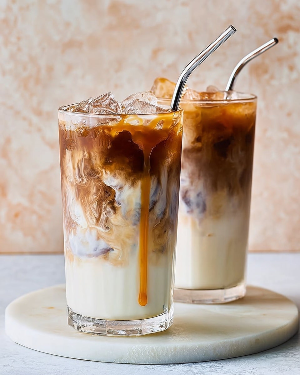 Two tall clear glasses filled with iced coffee drinks each have three layered colors: the bottom layer is a creamy off-white milk fog, the middle layer has light brown swirls blending into the milk, and the top layer is dark brown coffee with ice cubes. Both glasses have vertical ridges and stainless steel straws inserted, with condensation visible on the glass surfaces. They stand on a white round terrazzo board with black and beige speckles, set on a white marbled surface with some ice cubes scattered nearby, against a soft peach textured background. Photo taken with an iphone --ar 4:5 --v 7