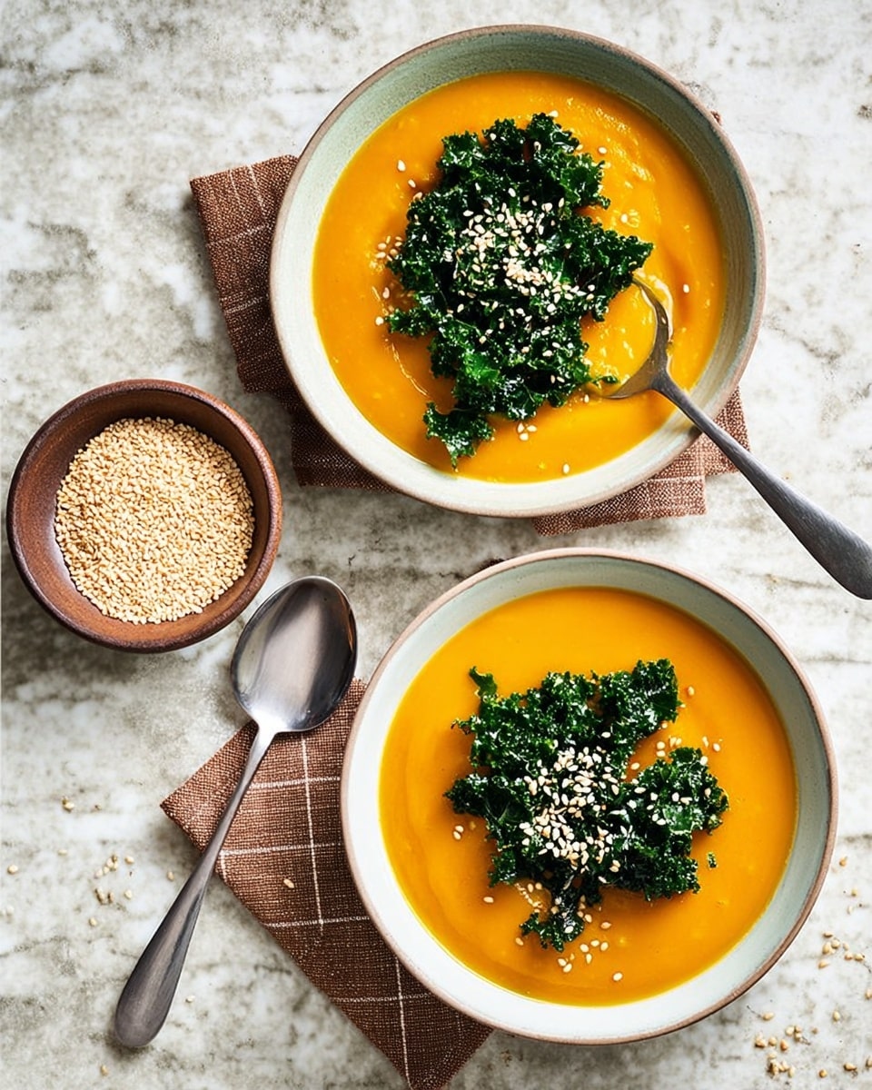 Two white bowls filled with smooth, bright orange soup are placed on a white marbled texture. Each bowl has a layer of dark green wilted kale in the center, topped with sprinkled white sesame seeds. A silver spoon rests inside the bowl on the left, which sits on a brown and white checkered cloth. To the right of the bowls, there is a small white bowl filled with sesame seeds, and a lone silver spoon resting on the surface. The overall look is fresh and vibrant with contrasting colors and textures. photo taken with an iphone --ar 4:5 --v 7