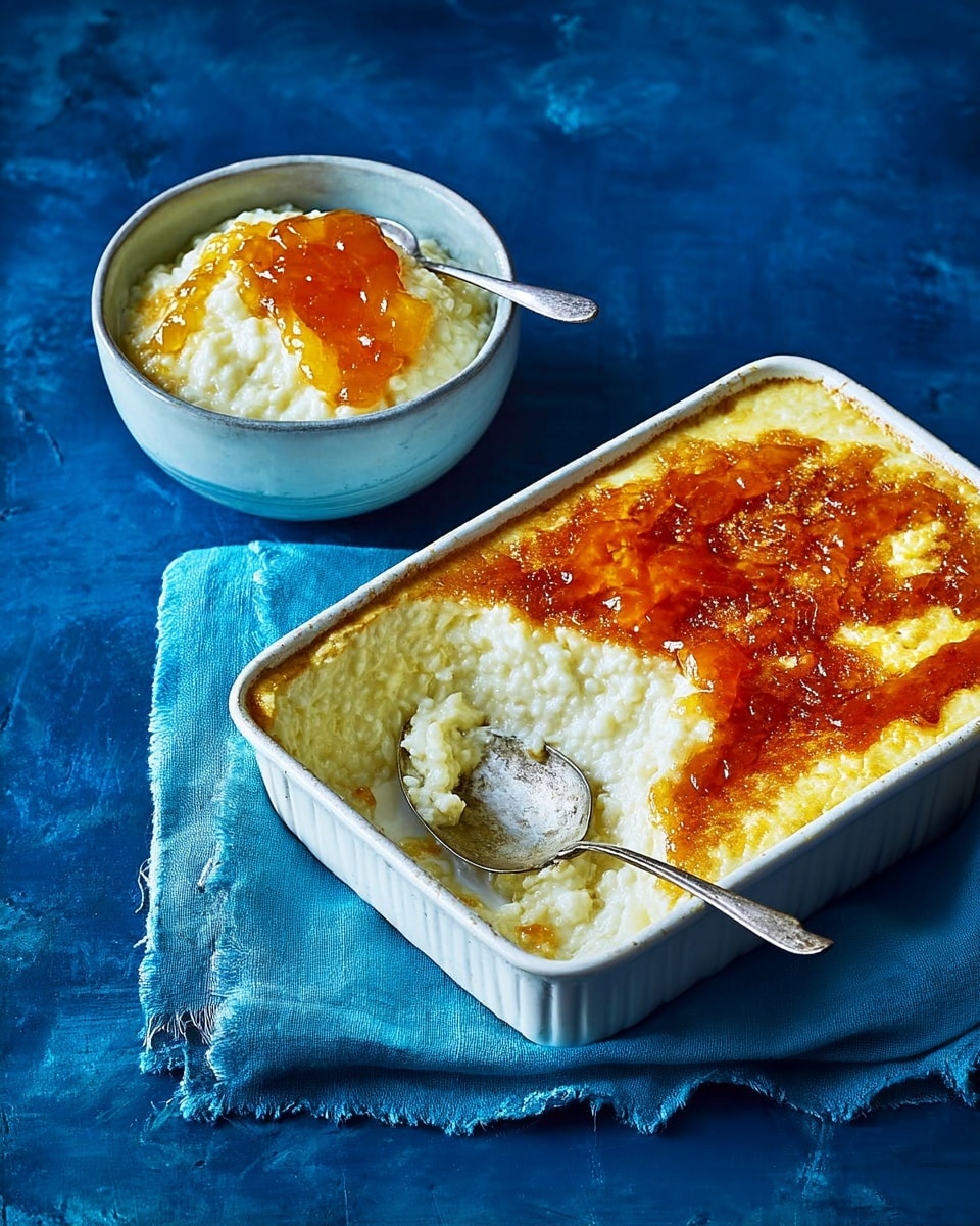 The image shows a white rectangular baking dish filled with a creamy rice pudding that has a thick, golden-brown crust on top with a slightly wrinkled texture. A silver spoon scoops out some of the soft white and creamy rice pudding from the corner, revealing the smooth, rich inside beneath the browned crust. Above the dish, there is a white bowl with a serving of the same rice pudding, topped with a shiny spoonful of orange jam resting on its surface. The dish and bowl are placed on a white marbled texture, with a teal cloth partially underneath the baking dish. Photo taken with an iphone --ar 4:5 --v 7