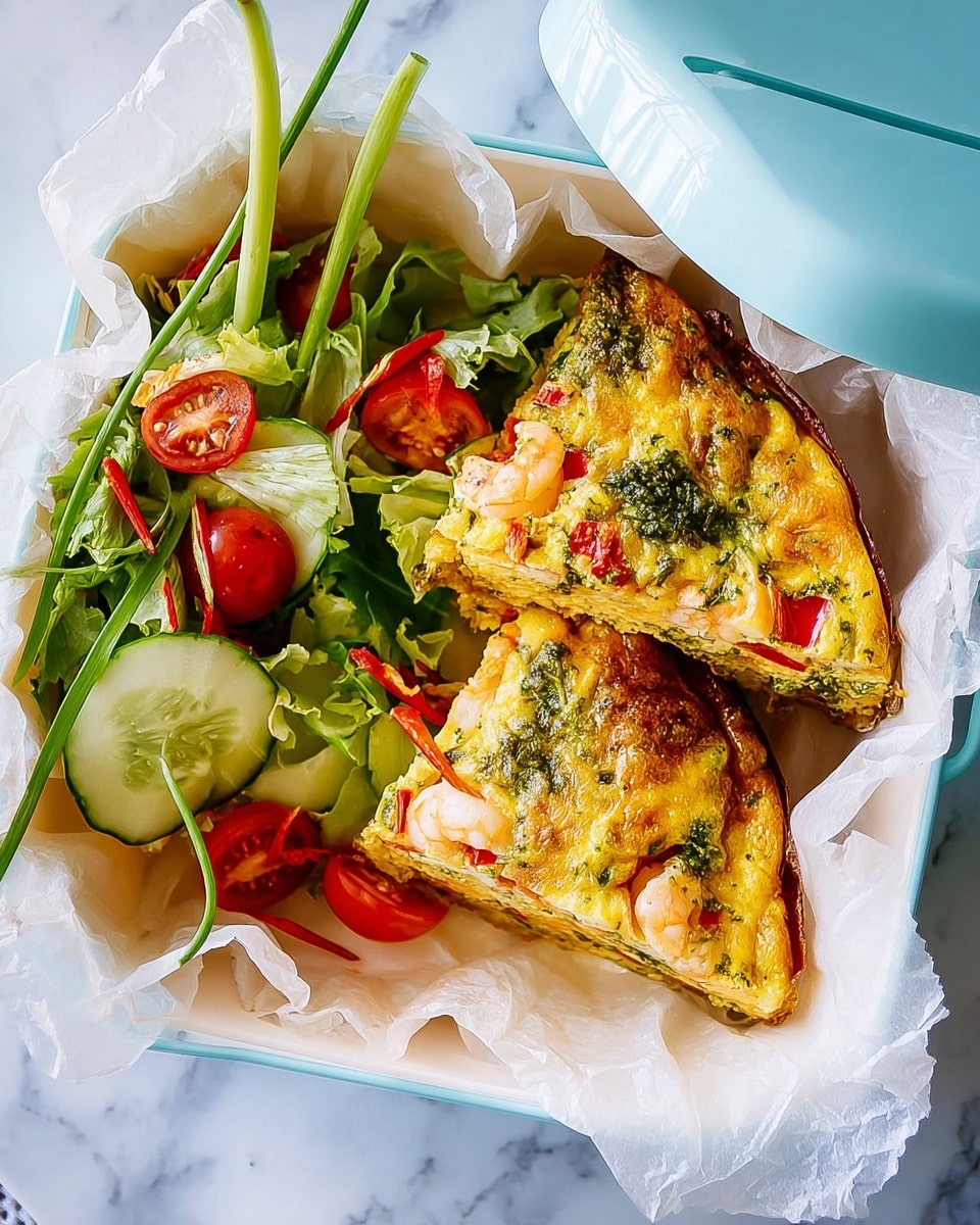The image shows a light blue lunch box lined with white parchment paper, filled with two thick slices of frittata on the right side. The frittata has a golden-yellow base with visible chunks of red bell peppers, green herb sauce spots, small white cheesy patches, and shrimp pieces embedded inside. To the left of the frittata slices, there is a fresh salad made of bright green lettuce leaves, halved cherry tomatoes, thin cucumber slices, and thin red pepper strips. Next to the salad, a small bunch of green onions stands upright. The background is a white marbled texture. Photo taken with an iphone --ar 4:5 --v 7