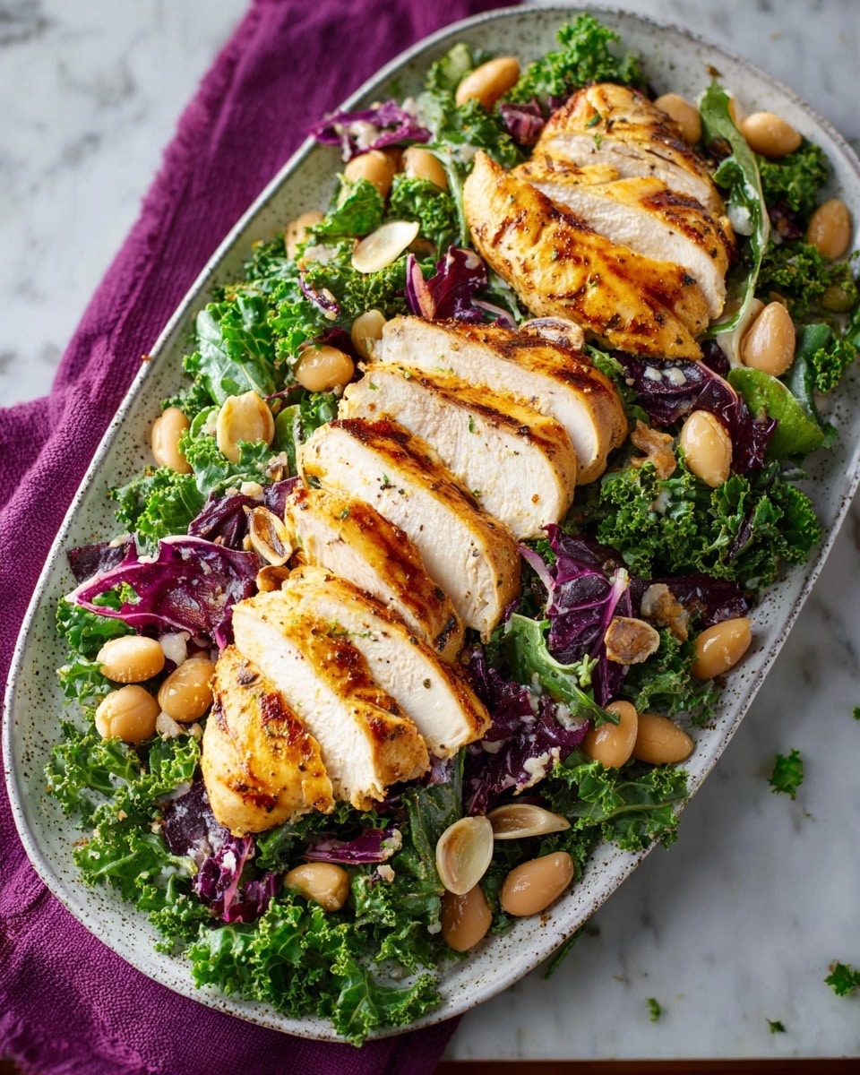 A white oval plate filled with a fresh salad made of three main layers: the bottom layer is a mix of green kale and purple radicchio leaves, creating a leafy, textured base, the middle layer consists of light brown broad beans scattered all around, and the top layer features two rows of sliced chicken breasts with golden-brown, crispy skin, neatly arranged down the center of the plate. The plate rests on a purple cloth on a white marbled surface. photo taken with an iphone --ar 4:5 --v 7