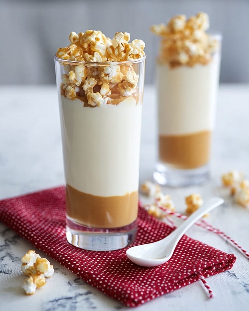 The image shows two tall clear glasses filled with a three-layer dessert on a white marbled surface background. The bottom layer is caramel brown, smooth and thick, taking up about one-third of the glass. The middle layer is creamy white, soft and fluffy, filling the next two-thirds above the caramel. The top is decorated with light yellow popcorn, some lightly coated in caramel. A white spoon lies on the surface nearby, and a red napkin with a red and white string is folded beside the glasses. In the blurred background, a woman’s hand is gently holding one of the glasses. Photo taken with an iphone --ar 4:5 --v 7