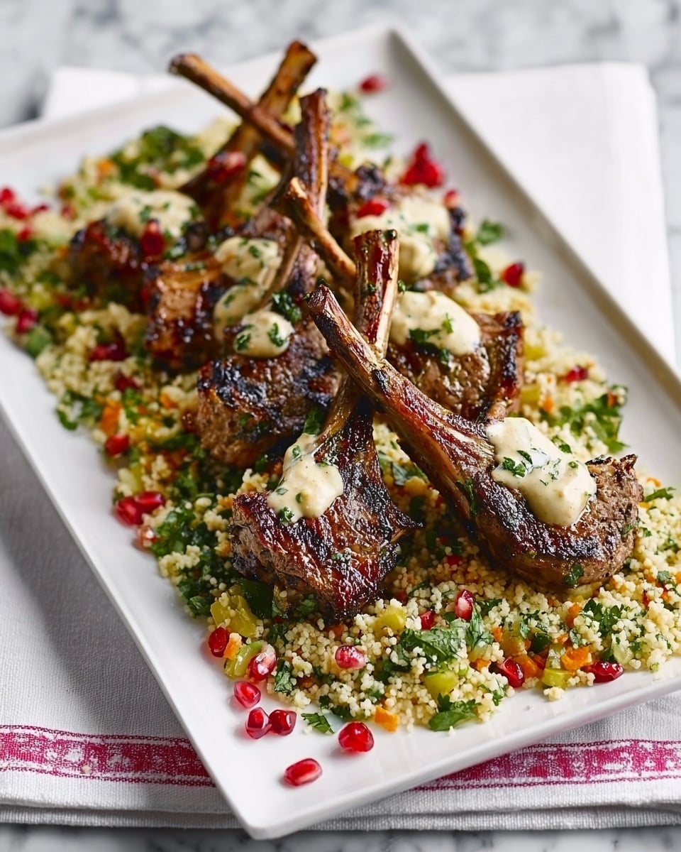 A white rectangular plate on a white marbled surface holds four grilled lamb chops standing upright, each with a slightly charred, brown crust and a small dollop of creamy sauce on top. Beneath the lamb chops is a colorful bed of couscous mixed with yellow corn, bright red pomegranate seeds, chopped green herbs, and small pieces of roasted vegetables, creating a rich mixture of textures and colors. The dish is neatly arranged with the lamb chops evenly spaced, and the couscous spread in a thick layer under them. Photo taken with an iphone --ar 4:5 --v 7