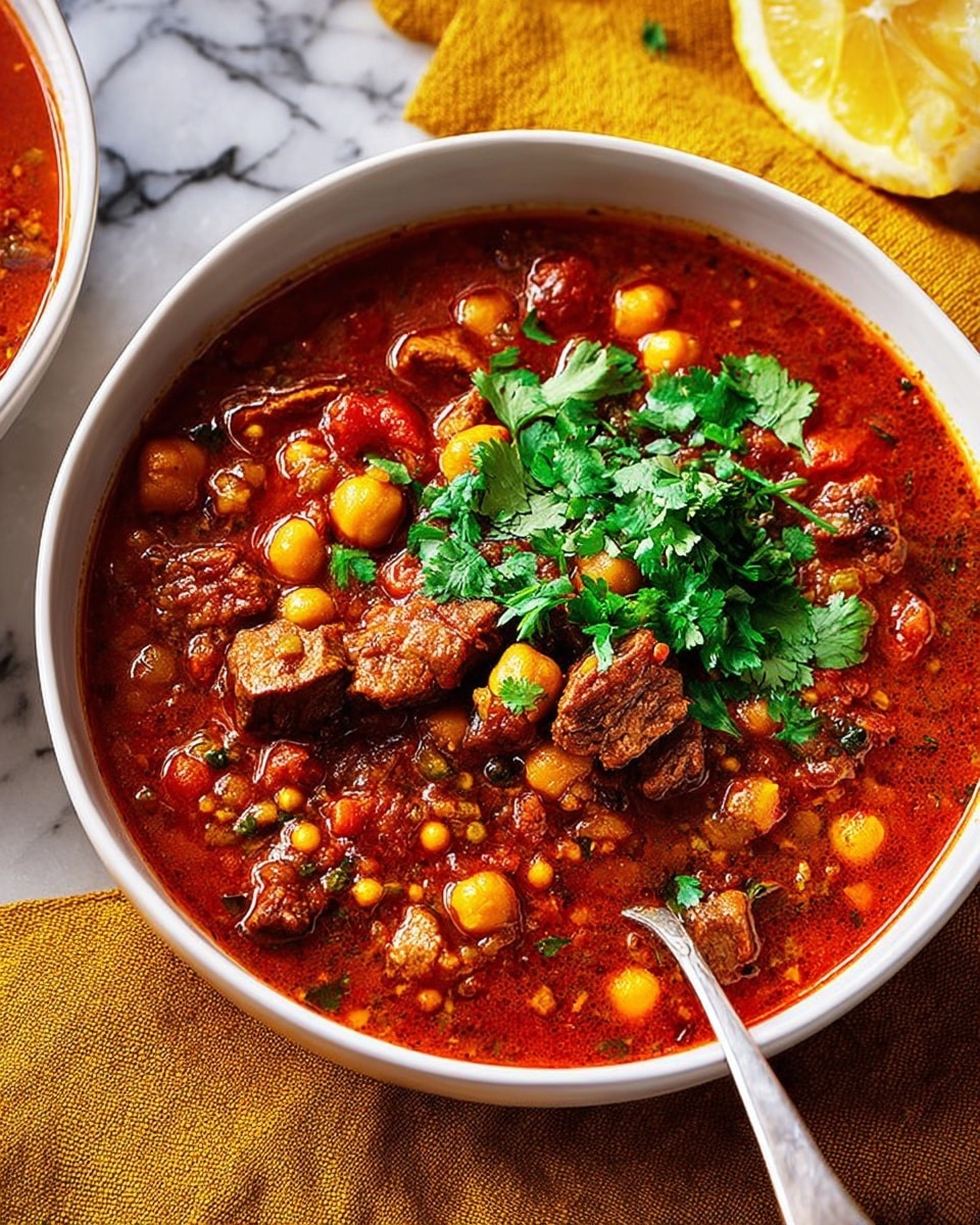 A white bowl filled with a thick, dark reddish-brown stew showing several chunks of browned meat and chickpeas scattered throughout the rich sauce. Small diced vegetables like celery add texture inside the stew, which is topped with bright green cilantro leaves that add a fresh contrast. A silver spoon rests in the bowl, and the bowl is placed on a white marbled surface next to a yellow textured cloth and a lemon wedge on a small white dish at the top right. The colors are warm and inviting, with the stew looking hearty and spicy. photo taken with an iphone --ar 4:5 --v 7
