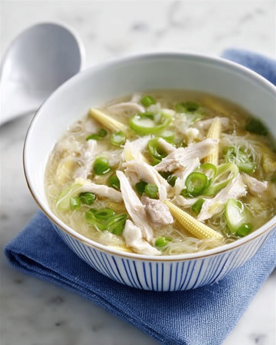 A white bowl with blue vertical lines around the outside is filled with a clear broth soup. Inside, there are several layers: at the bottom, thin white noodles, followed by pieces of white chicken meat, then sliced baby corn sticks that are pale yellow, and topped with bright green chopped spring onions scattered across the surface. The bowl sits on a white marbled surface beside a folded blue cloth napkin and two white ceramic spoons. The photo taken with an iphone --ar 4:5 --v 7