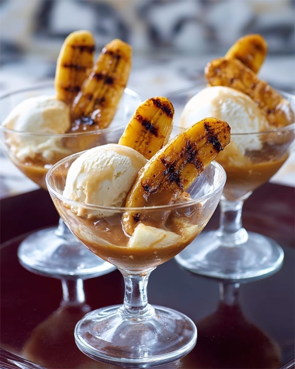 Three transparent white glass bowls sit on a shiny black surface, each filled with a dessert made of several layers. The bottom layer is a smooth, light brown caramel sauce. Above that is a scoop of creamy off-white vanilla ice cream. On top, there are two golden-brown grilled banana slices placed leaning against the ice cream. The background is softly blurred with a white marbled texture. photo taken with an iphone --ar 4:5 --v 7