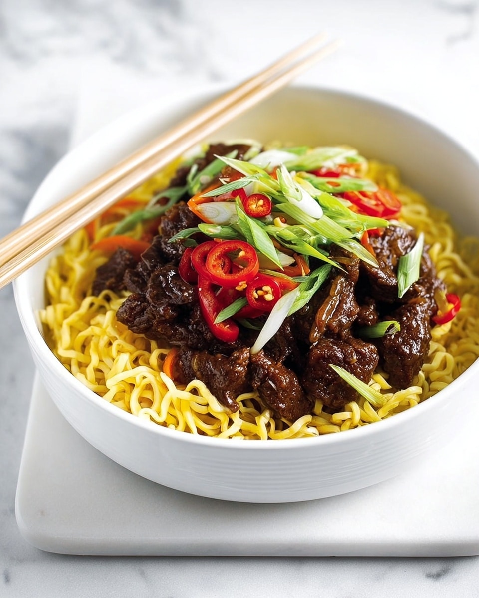 A white bowl filled with three main layers: the bottom layer is a bed of yellow, cooked noodles arranged loosely but evenly; on top of the noodles is a thick, rich brown sauce mixed with dark pieces of beef and bits of red bell pepper, giving a slightly glossy and textured look; the top layer is fresh green onion slices and thin red chili rings scattered generously, adding brightness and contrast; the bowl is placed on a white marbled surface with a pair of wooden chopsticks laid beside it. photo taken with an iphone --ar 4:5 --v 7
