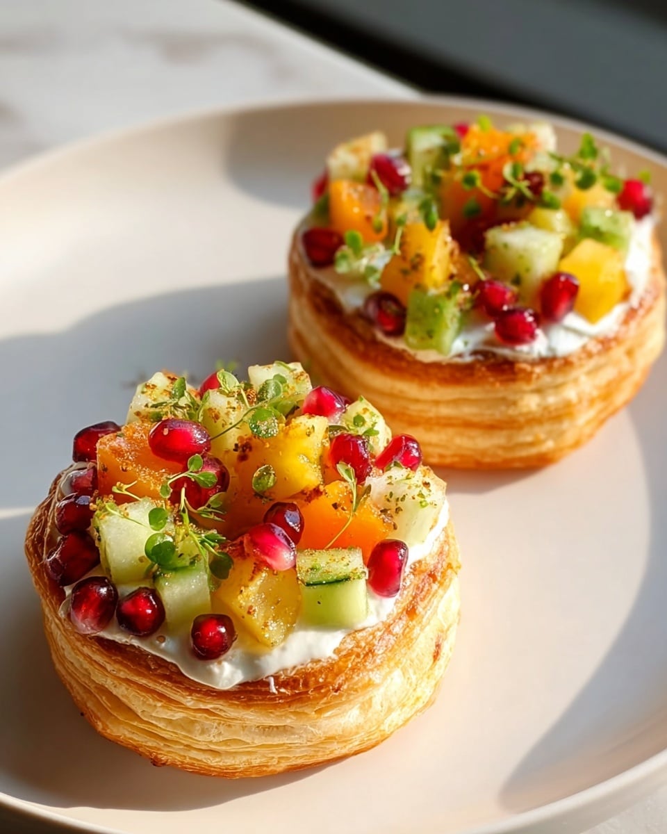 On a white plate with a white marbled background, there are two round puff pastry rings with a golden-brown, flaky texture and multiple visible layers. Each ring is topped with a smooth white creamy layer spread evenly on top. Above the cream, there is a colorful mix of small diced green cucumber, bright orange pieces, and shiny dark red pomegranate seeds, scattered evenly around the top edge. Tiny green herb leaves and a light sprinkle of dried herbs and seeds add final detail to the fresh, vibrant look. Photo taken with an iphone --ar 4:5 --v 7