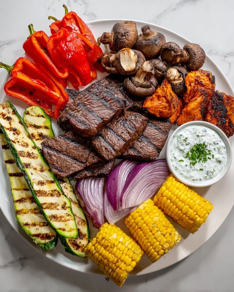 On a large white plate placed on a white marbled surface, there is a colorful grilled meal arranged in layers. In the center, there are six pieces of grilled steak with dark brown sear marks on the surface. To the top right, slightly overlapping the steak, is a group of grilled mushrooms and chicken pieces that have a charred outer layer. Next to them is a small white bowl filled with a white creamy sauce with green herb bits mixed in. Below the sauce, there are four bright yellow grilled corn slices with score marks. On the bottom right edge of the plate, purple and white onion wedges are neatly lined up. To the left of the onions, three grilled zucchini slices with browned grill lines rest next to a pile of bright red grilled bell pepper slices at the top left. The whole plate is arranged neatly with the different textures and colors creating a visually rich and appetizing scene. photo taken with an iphone --ar 4:5 --v 7