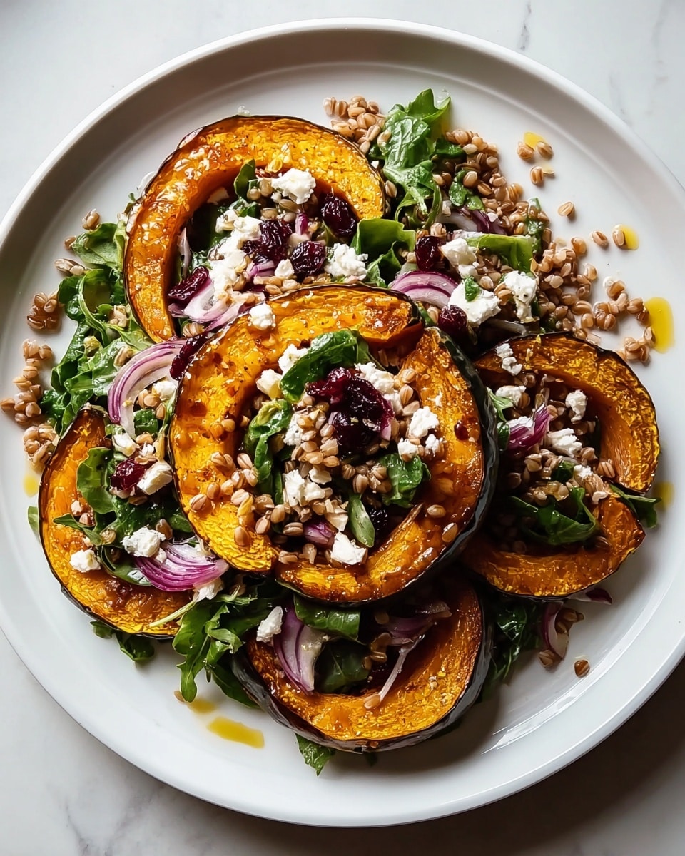 A white plate on a white marbled surface holds a colorful salad with four large crescent-shaped pieces of roasted orange squash with dark green skin placed evenly on top. Beneath and mixed throughout are fresh green leafy arugula, small grains of cooked wheat in light brown, and scattered small pieces of deep red dried cranberries. There are a few curved slices of cooked purple-red onion on top, and small bits of white cheese and chopped nuts are spread across the salad. The whole dish has a glossy light drizzle of dressing that adds shine to the ingredients. Photo taken with an iphone --ar 4:5 --v 7