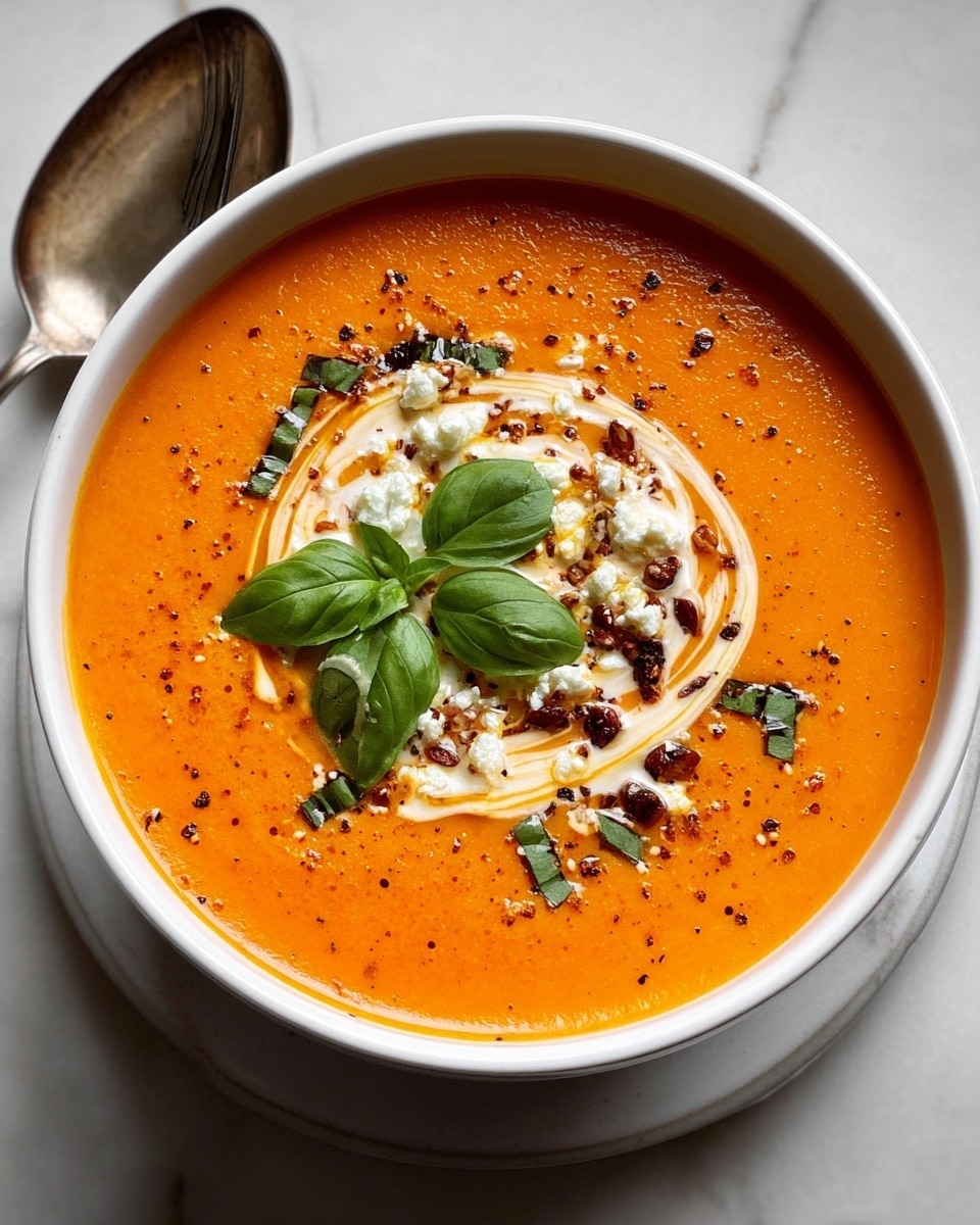 A white bowl filled with smooth bright orange creamy soup, topped with a swirl of white cream creating a circular pattern in the center. On top, there are small white chunks of cheese, dark brown toasted seeds, finely chopped green herbs scattered around, and a fresh green basil leaf placed in the middle. The bowl sits on a white plate with a white marbled texture surface beneath it. A silver spoon lies beside the plate. photo taken with an iphone --ar 4:5 --v 7