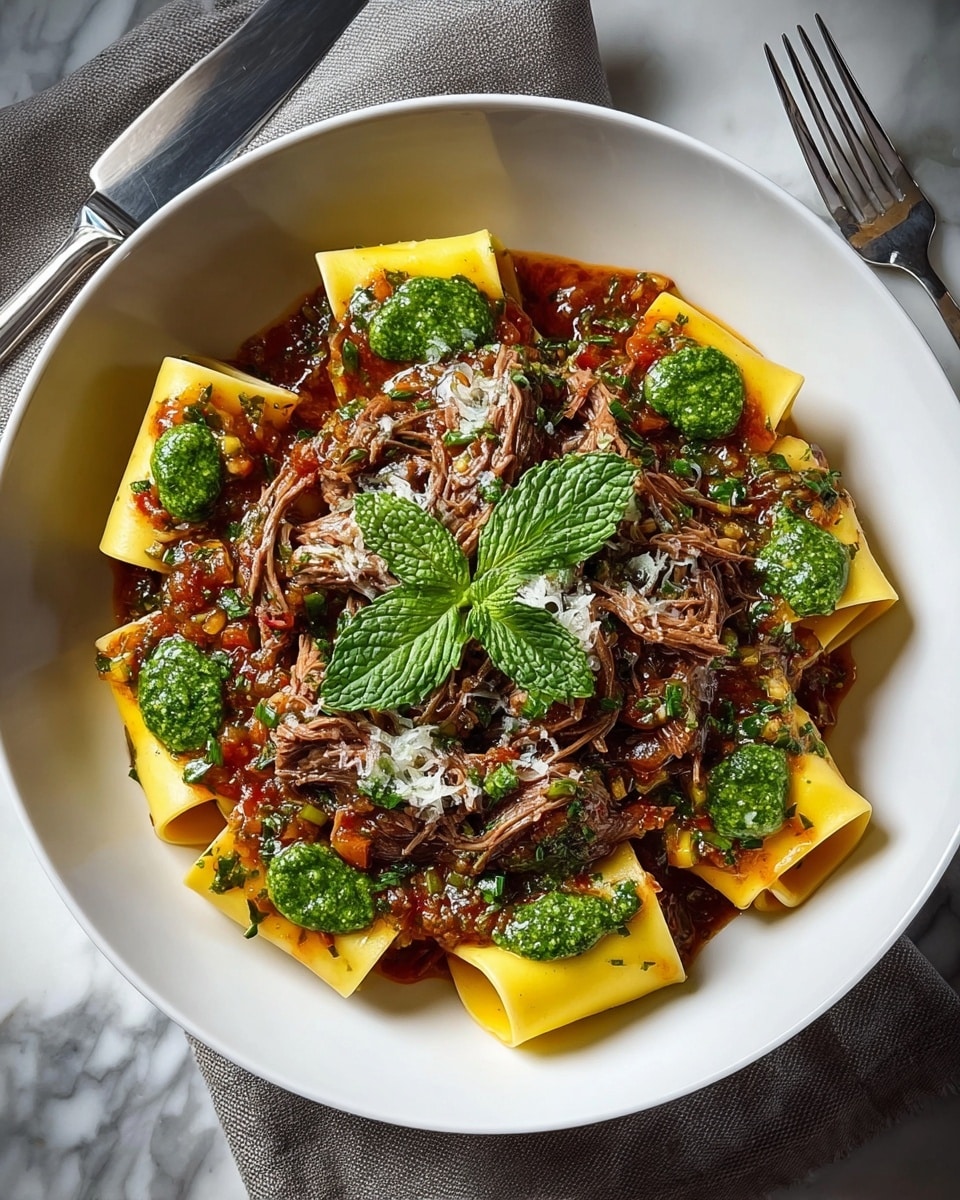 A white bowl filled with wide, yellow pasta ribbons arranged around the edge, each topped with small dollops of dark green herb sauce. In the center, shredded brown braised meat mixed with finely chopped green herbs and small yellow vegetable pieces creates a textured mound. Fresh green herbs sprinkle over the meat and pasta, with a bright, fresh sprig of mint placed on top. The dish is lightly dusted with white grated cheese. The bowl sits on a white marbled surface with a grey cloth and silver fork and spoon beside it. Photo taken with an iphone --ar 4:5 --v 7
