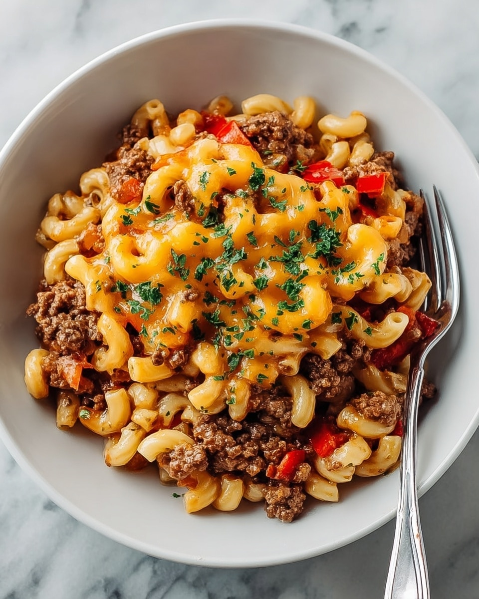 A white bowl is filled with a layered dish starting with spiral macaroni pasta mixed with ground beef and small cubes of red bell pepper, creating a base of beige, brown, and red colors with a soft and slightly chunky texture. On top, a layer of melted bright orange cheddar cheese covers the center, followed by a sprinkle of finely chopped green parsley adding a fresh contrast. A silver fork rests on the side of the bowl. The bowl is placed on a white marbled surface with a gray and white striped cloth partially visible underneath. Photo taken with an iphone --ar 4:5 --v 7