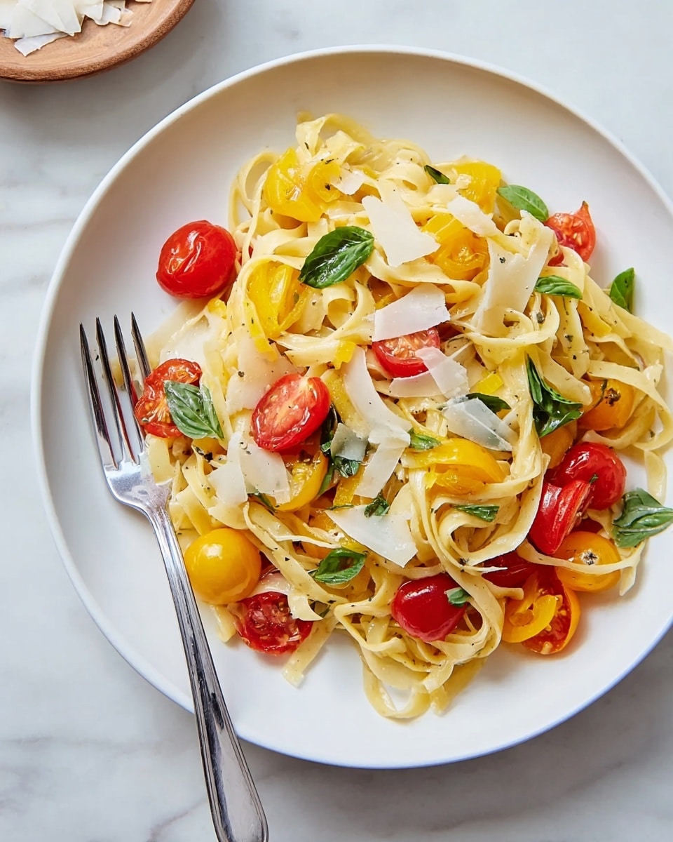 A white plate holds a serving of pasta with two main layers: the bottom layer is creamy, light yellow fettuccine noodles twisted and spread in a circular pile, mixed with thin slices of yellow bell pepper. The top layer includes halved red and yellow cherry tomatoes scattered evenly, fresh dark green basil leaves, and thin white shavings of Parmesan cheese. A silver fork rests on the left side of the plate partially touching the noodles. The plate sits on a white marbled texture. Photo taken with an iphone --ar 4:5 --v 7