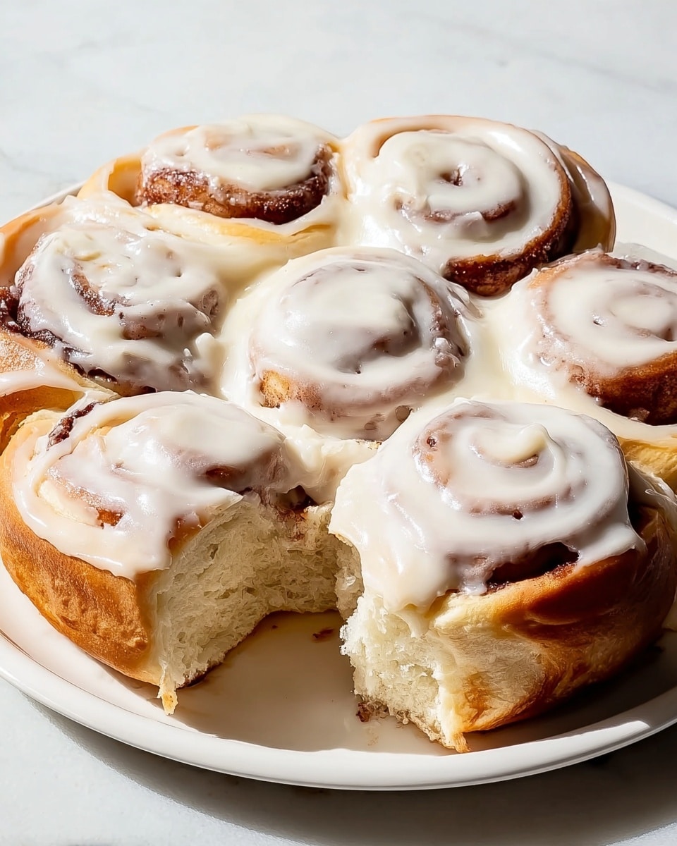 A round platter holds seven golden-brown cinnamon rolls arranged closely in a circle, each roll topped with a thick, creamy white icing layer that coats the spiral shapes, with some icing slightly melting over the sides. The rolls have a soft, fluffy texture visible at the bitten edge of one roll in the front center, showing the light, airy inside contrasted with the darker cinnamon swirls inside each roll. The white platter rests on a white marbled surface, with natural light casting soft shadows around the rolls, highlighting their warm, inviting appearance. Photo taken with an iphone --ar 4:5 --v 7