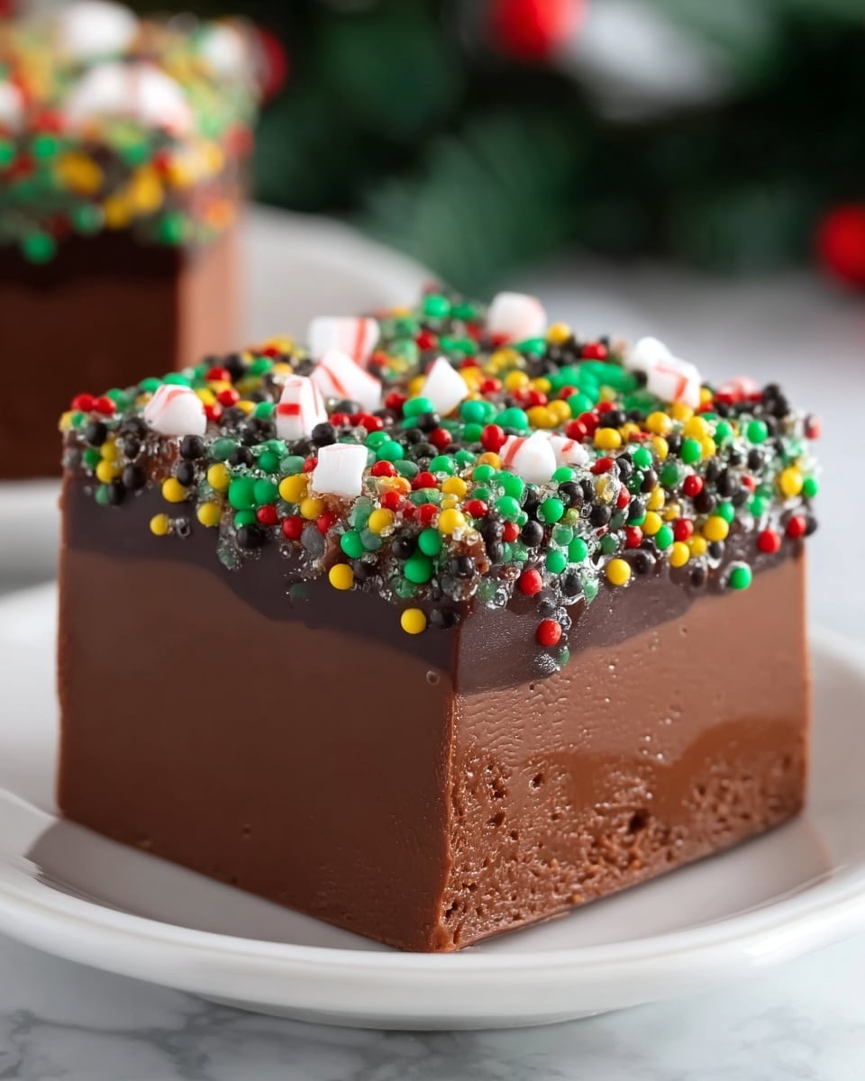 A thick square piece of smooth milk chocolate fudge sits on a white plate, with a rich, creamy texture visible on its sides. The top layer is covered with dark glossy chocolate frosting, topped with a colorful mix of small round sprinkles in red, green, yellow, blue, and black, as well as white and red candy pieces scattered unevenly across the surface. The background has a soft focus showing more pieces of similar fudge on a white marbled texture, giving a clean and bright setting. photo taken with an iphone --ar 4:5 --v 7