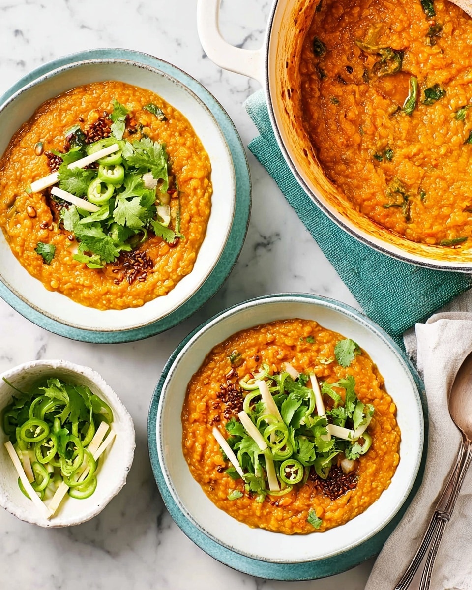 Two bowls filled with thick, orange lentil dal are placed on a white marbled surface. Each bowl has one main layer of creamy dal with a slightly textured, soft consistency. On top, there is a small green layer of fresh cilantro leaves and slices of green chili pepper, along with thin pale yellow strips of ginger stacked in the center. A few brown cumin seeds are scattered on the dal’s surface, adding texture. One bowl has a spoon inside, and to the side, a small white plate holds extra cilantro, chili slices, and ginger strips. In the background, there is a white pot filled with more dal, with a ladle resting inside. The overall setting is bright and clean, with simple dishware and a white marbled surface. photo taken with an iphone --ar 4:5 --v 7