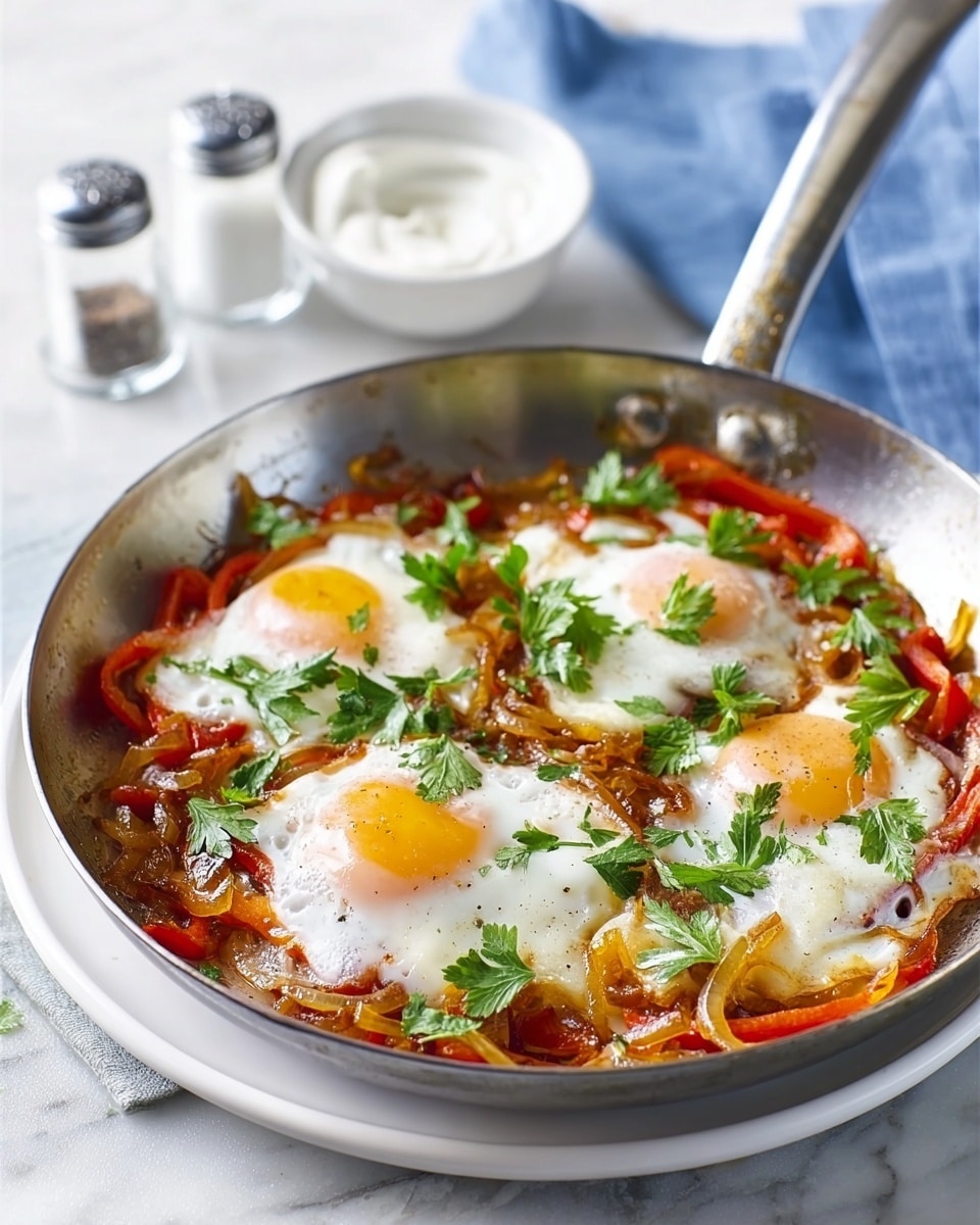 A metal frying pan holds a dish with three cooked eggs evenly spaced, each with bright white edges and soft yellow yolks in the center. The eggs rest on a mix of tender, sautéed orange onions and sliced red peppers spread across the pan's bottom. Green parsley leaves are scattered on top, adding fresh color. The pan is placed on a white plate set on a white marbled surface. In the blurred background, there is a white bowl with a creamy white dip and a woman's hand reaching with a spoon. photo taken with an iphone --ar 4:5 --v 7