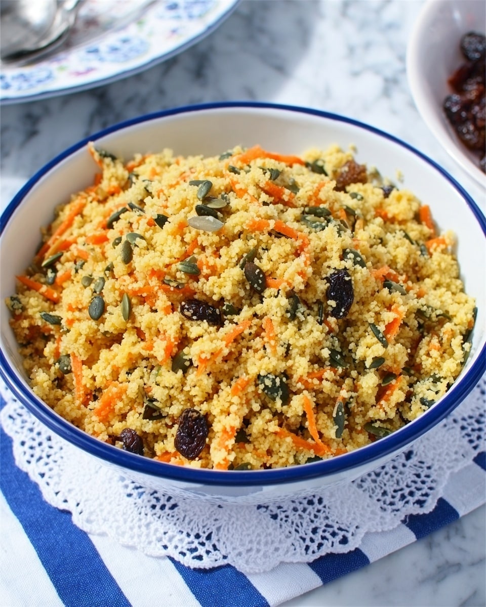 A white bowl with a blue rim filled with a mixture of small yellow couscous grains, thin orange shredded carrots, dark green pumpkin seeds, and small dark brown raisins, all mixed together with a light, crumbly texture. The bowl is placed on a white lace doily over a blue and white striped cloth, all set against a white marbled surface. Nearby, there is a glimpse of a salad on another white plate. Photo taken with an iphone --ar 4:5 --v 7